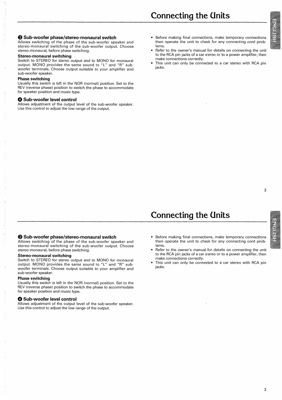 Connecting the units, E sub-woofer phase/stereo-monaural switch, Stereo-monaural switching | Phase switching, O sub-woofer level control, Sub-woofer phase/stereo-monaural switch | Pioneer CD-625 User Manual | Page 3 / 32
