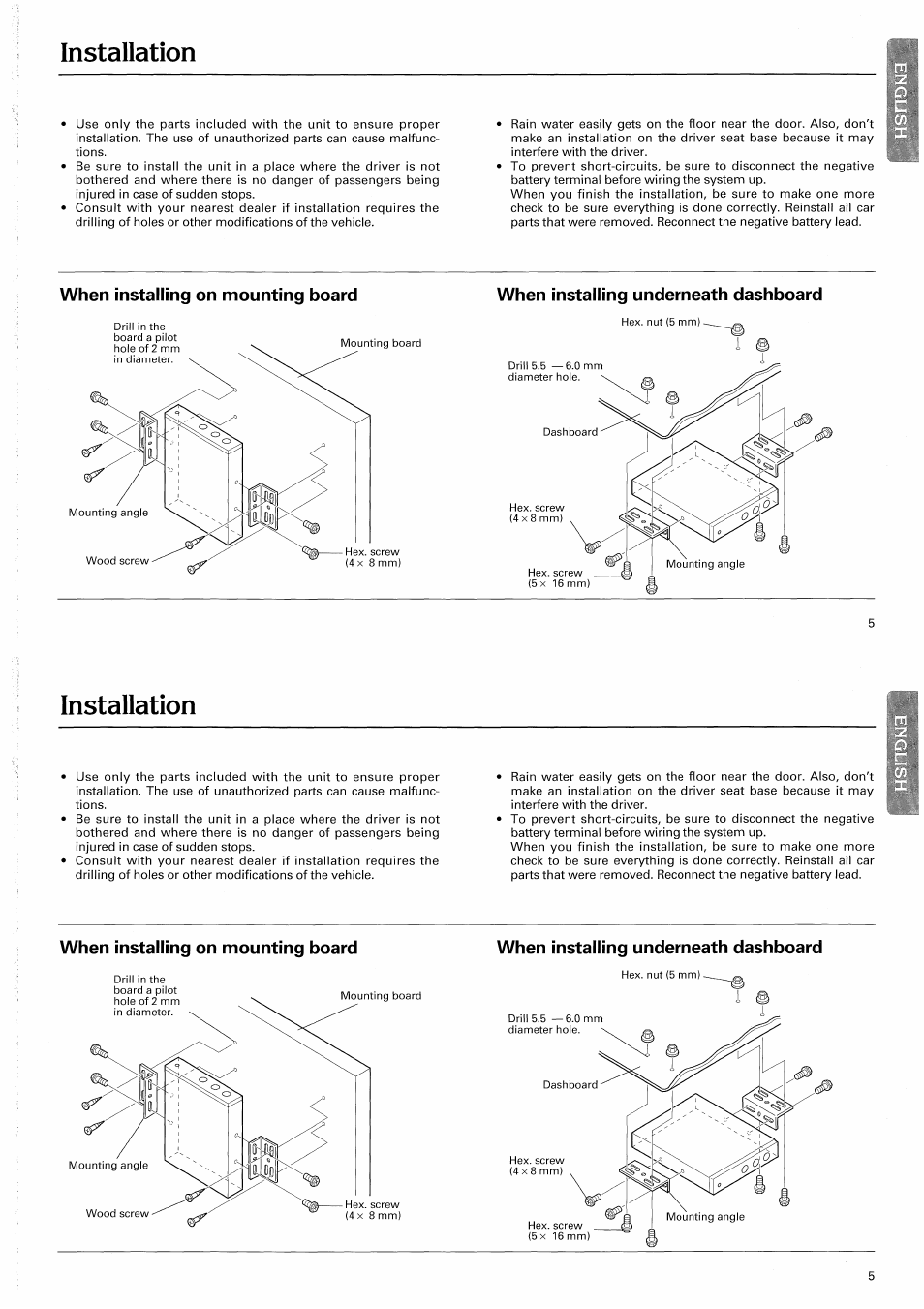 Installation, When installing on mounting board, When installing underneath dashboard | Pioneer CD-625 User Manual | Page 5 / 32