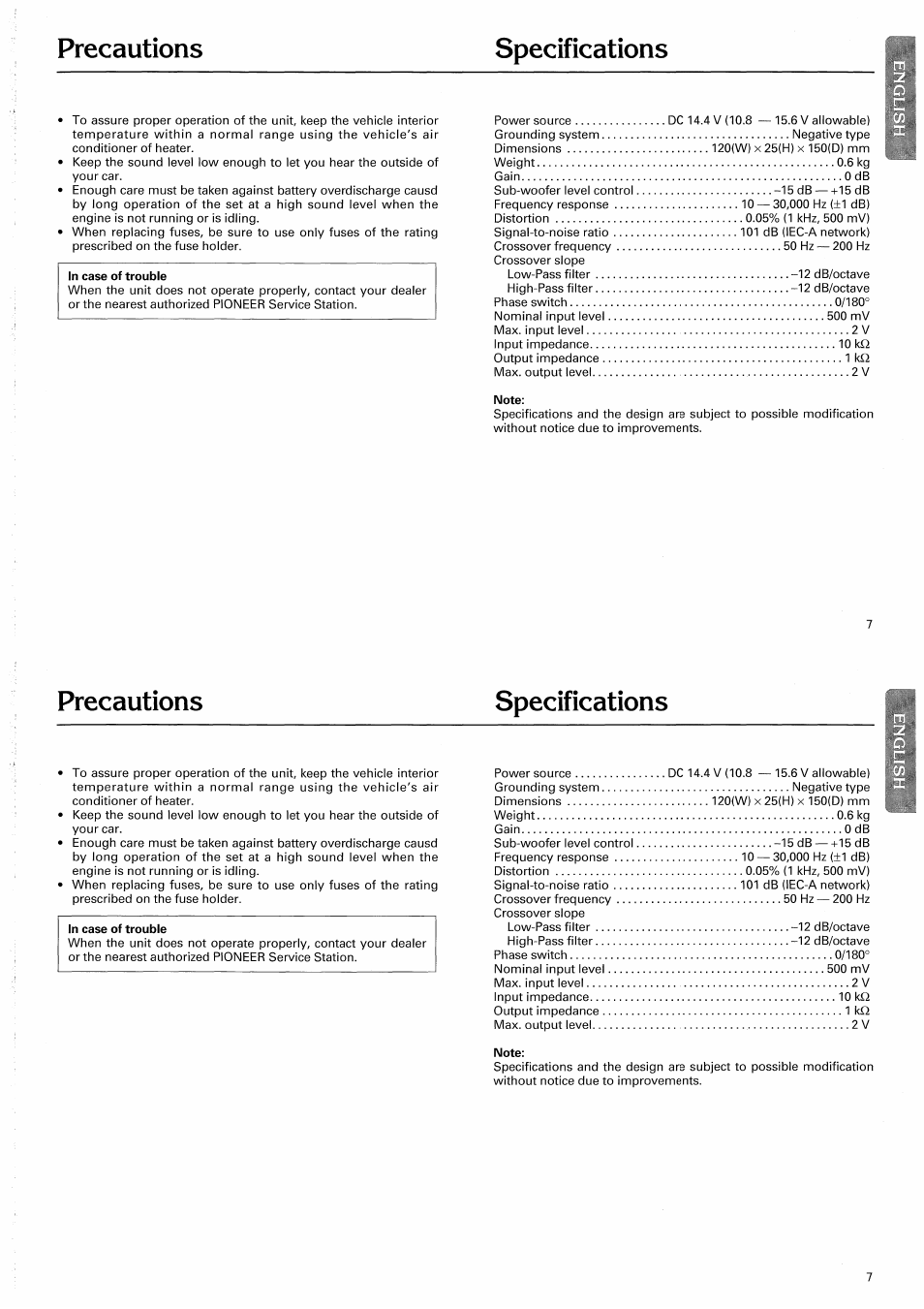 Precautions specifications | Pioneer CD-625 User Manual | Page 7 / 32