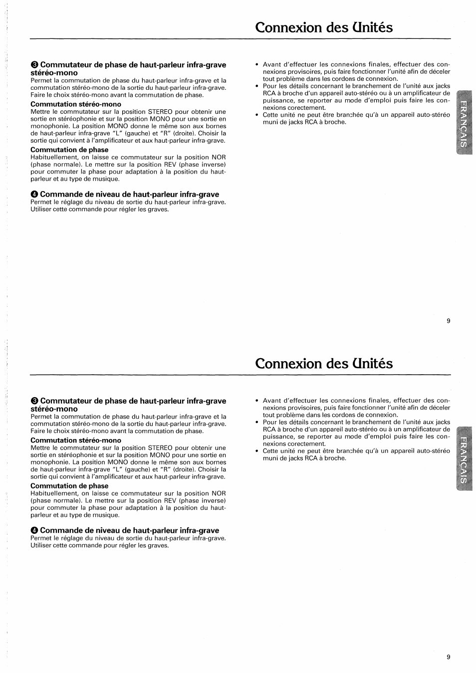 Commutation stéréo-mono, Commutation de phase, O commande de niveau de haut-parleur infra-grave | Connexion des unités | Pioneer CD-625 User Manual | Page 9 / 32