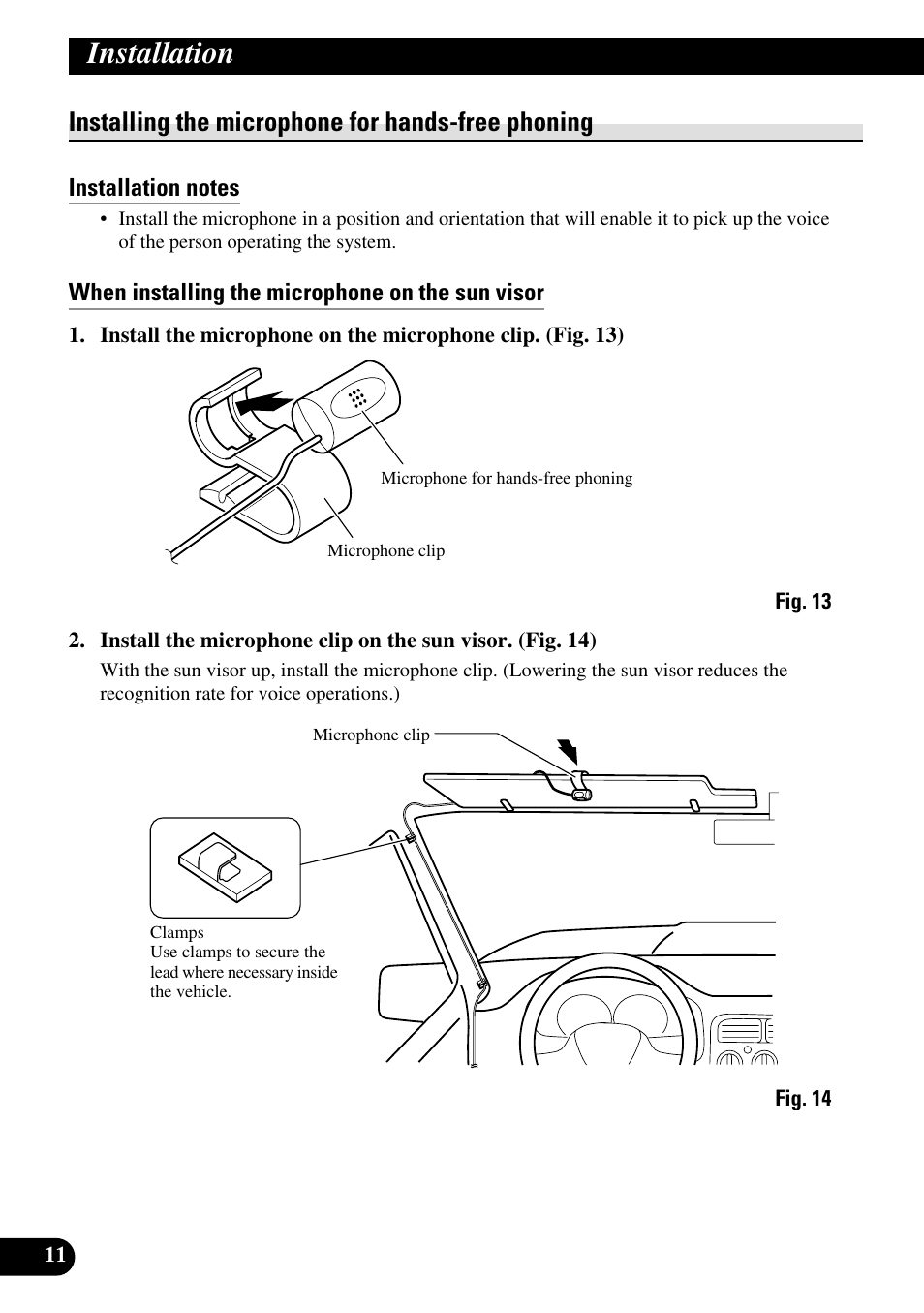 Installing the microphone, Installation, Installing the microphone for hands-free phoning | Pioneer DEH-P9800BT User Manual | Page 12 / 86