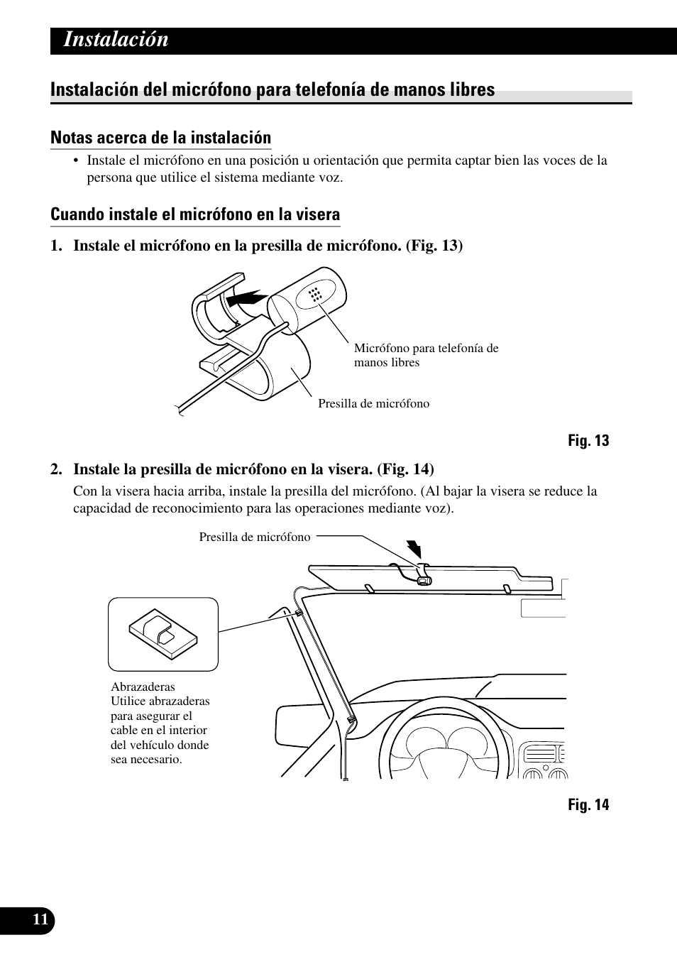 Instalación del micrófono, Instalación | Pioneer DEH-P9800BT User Manual | Page 24 / 86