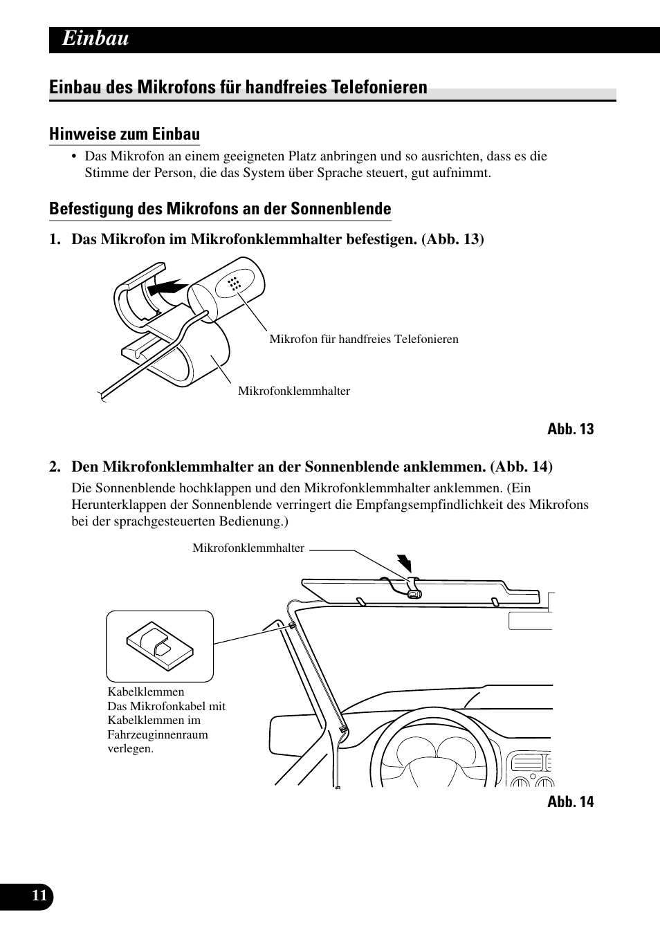 Einbau des mikrofons, Einbau, Einbau des mikrofons für handfreies telefonieren | Pioneer DEH-P9800BT User Manual | Page 36 / 86