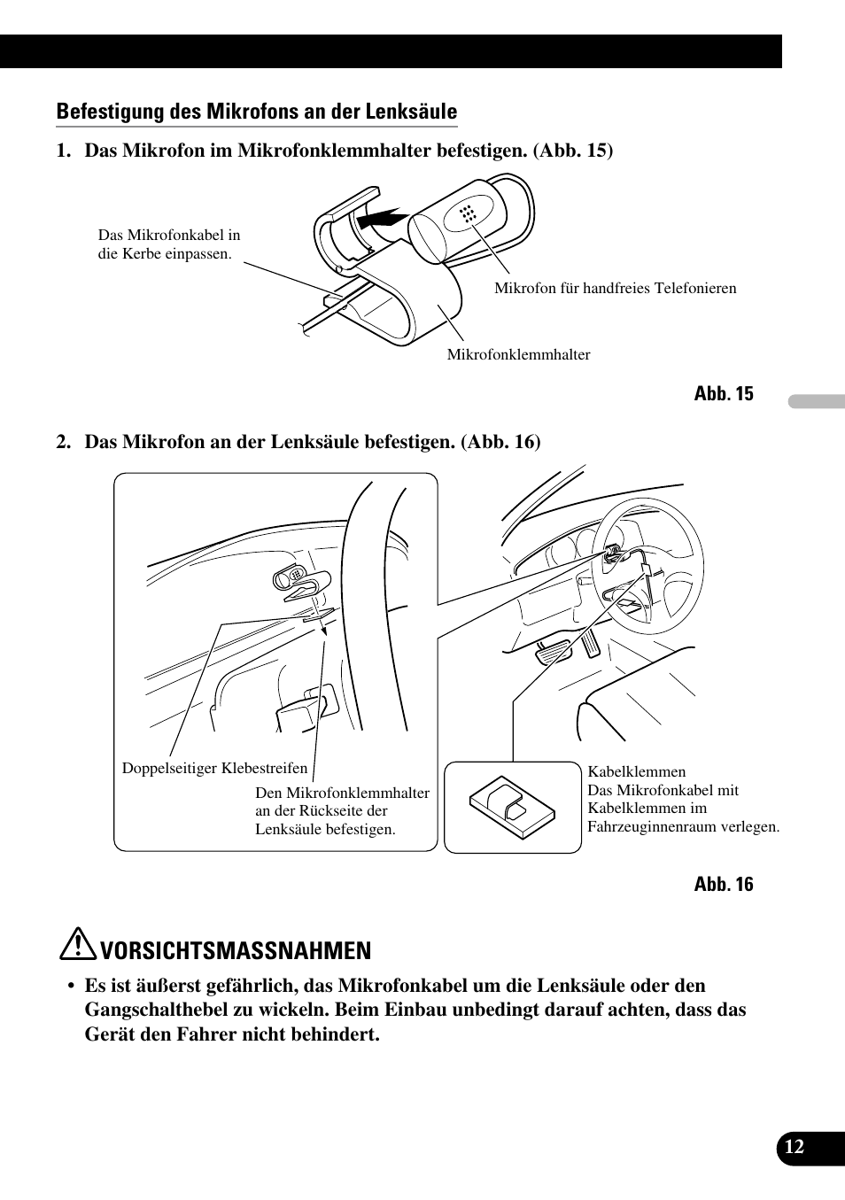 Vorsichtsmassnahmen, Befestigung des mikrofons an der lenksäule | Pioneer DEH-P9800BT User Manual | Page 37 / 86