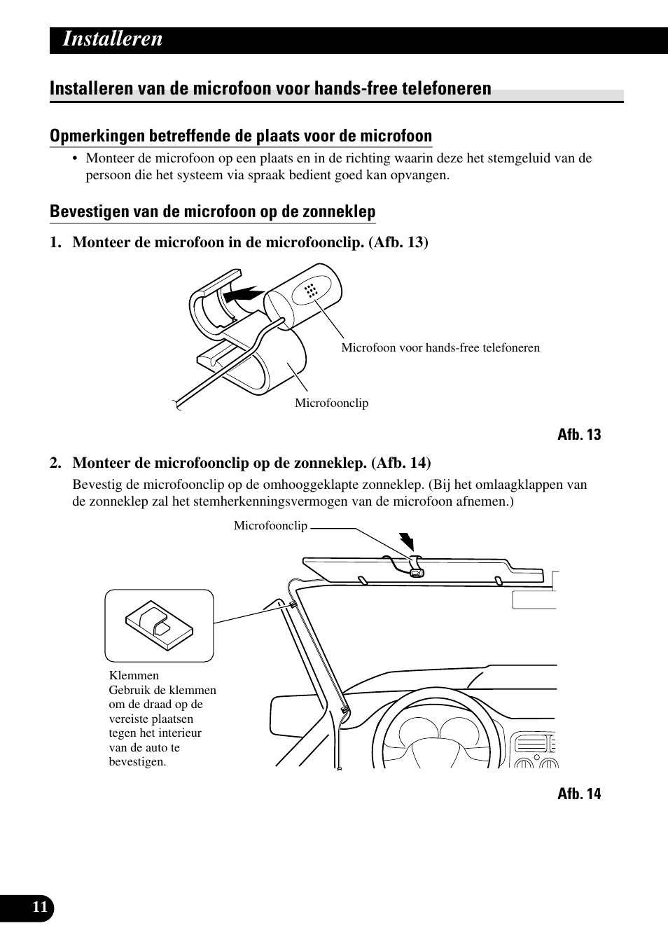 Bevestigen van de microfoon, Installeren | Pioneer DEH-P9800BT User Manual | Page 72 / 86