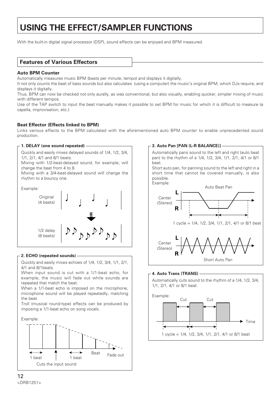 Using the effect/sampler functions, Features of various effectors, Lr l r | Pioneer DJM-600 User Manual | Page 12 / 28