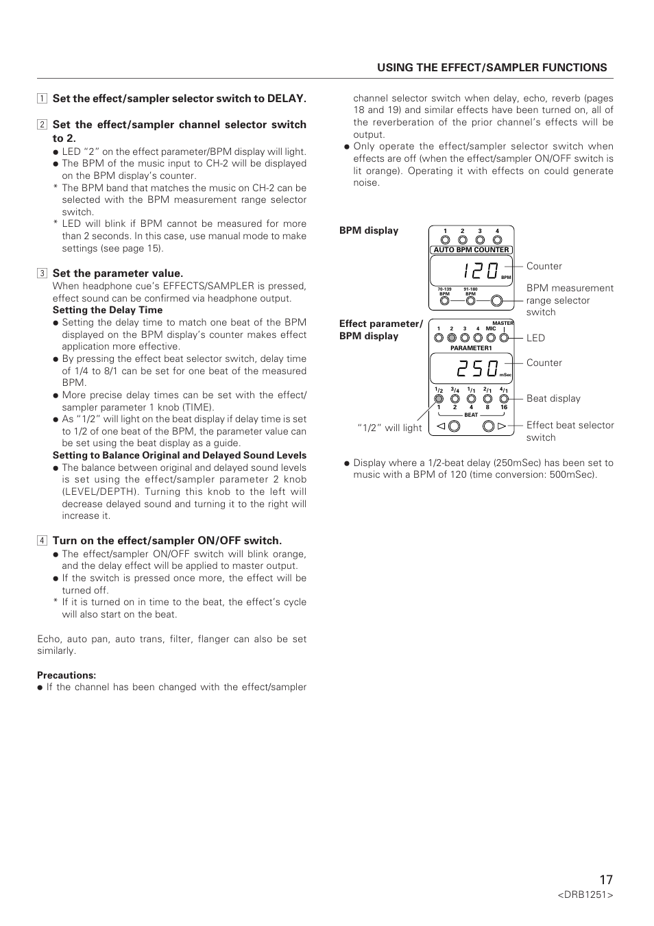 3 set the parameter value, 4 turn on the effect/sampler on/off switch, Using the effect/sampler functions | Pioneer DJM-600 User Manual | Page 17 / 28