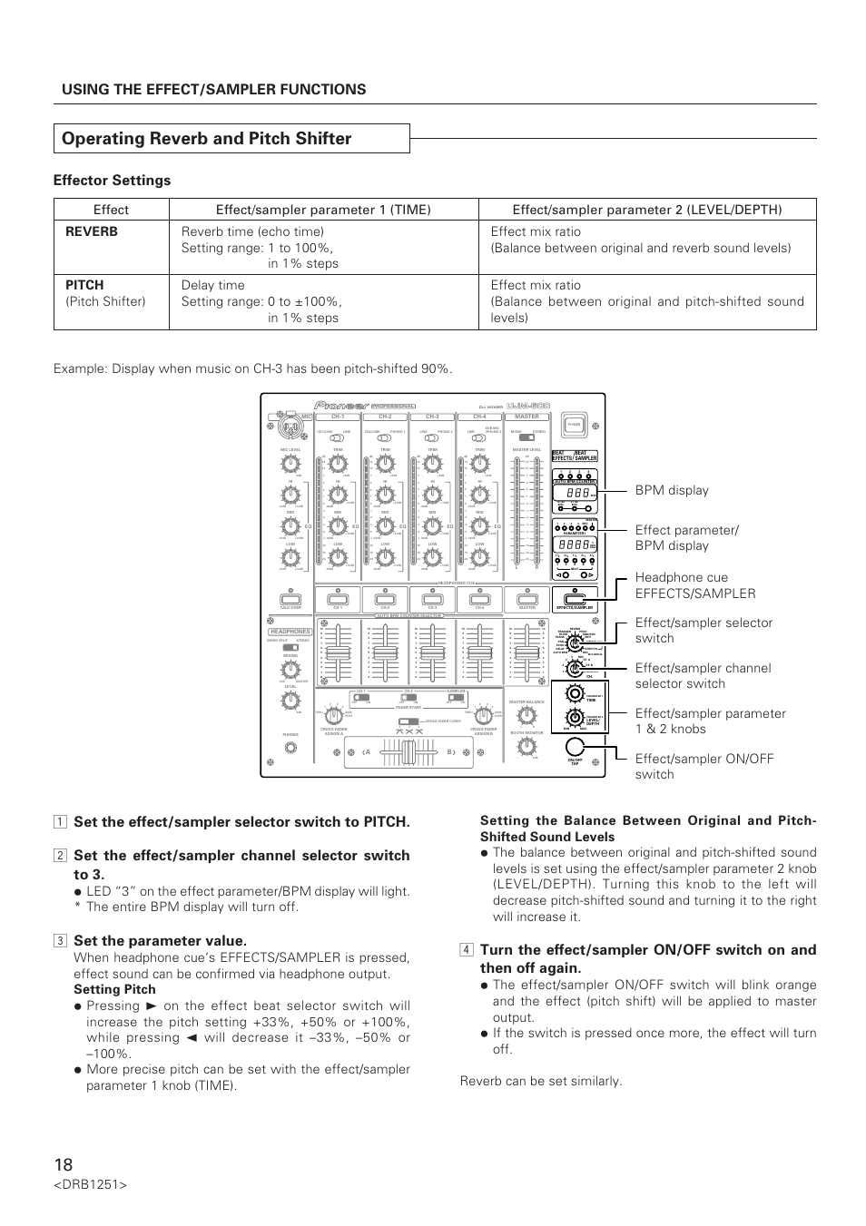 Operating reverb and pitch shifter, Using the effect/sampler functions, Effector settings | 3 set the parameter value, Drb1251, Djm-600 | Pioneer DJM-600 User Manual | Page 18 / 28