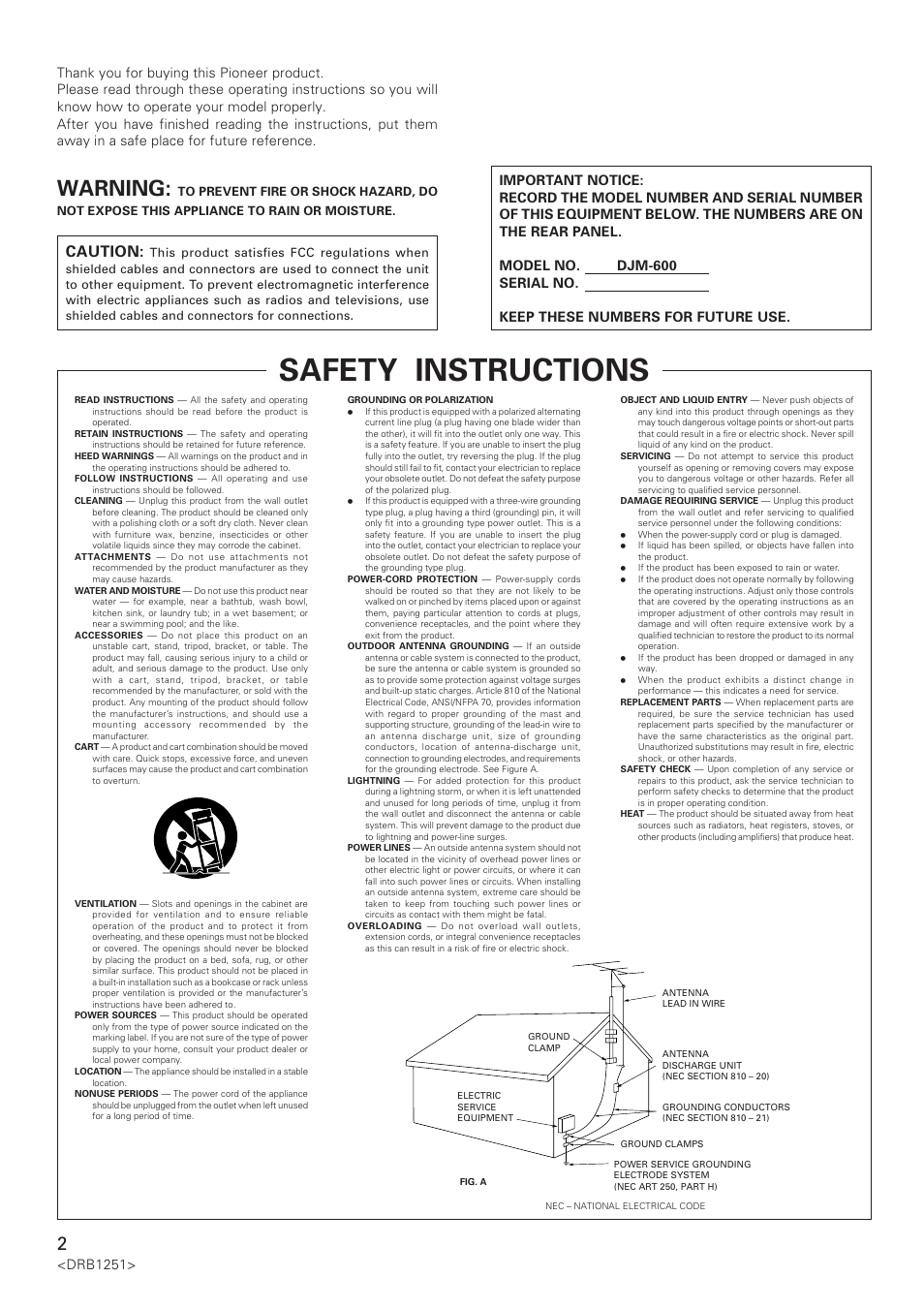 Safety instructions, Warning, Caution | Drb1251 | Pioneer DJM-600 User Manual | Page 2 / 28