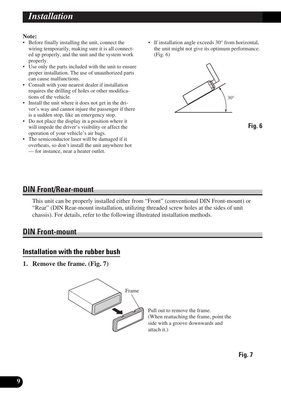 Installation, Din front/rear-mount din front-mount, Installation with the rubber bush | Din front/rear-mount, Din front-mount | Pioneer AVX-P7300DVD User Manual | Page 10 / 88