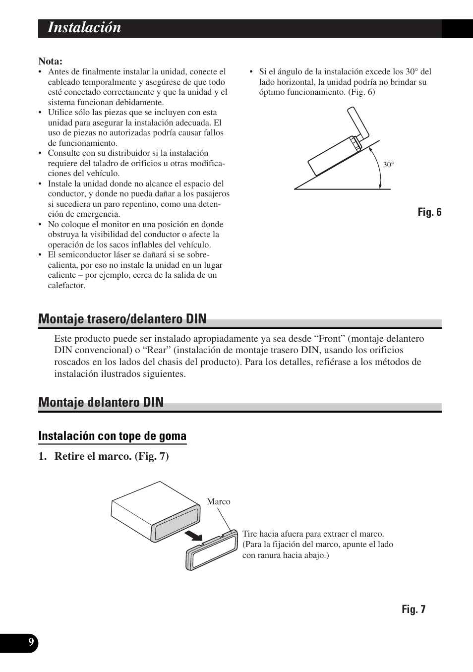 Instalación, Instalación con tope de goma, Montaje trasero/delantero din | Montaje delantero din | Pioneer AVX-P7300DVD User Manual | Page 24 / 88
