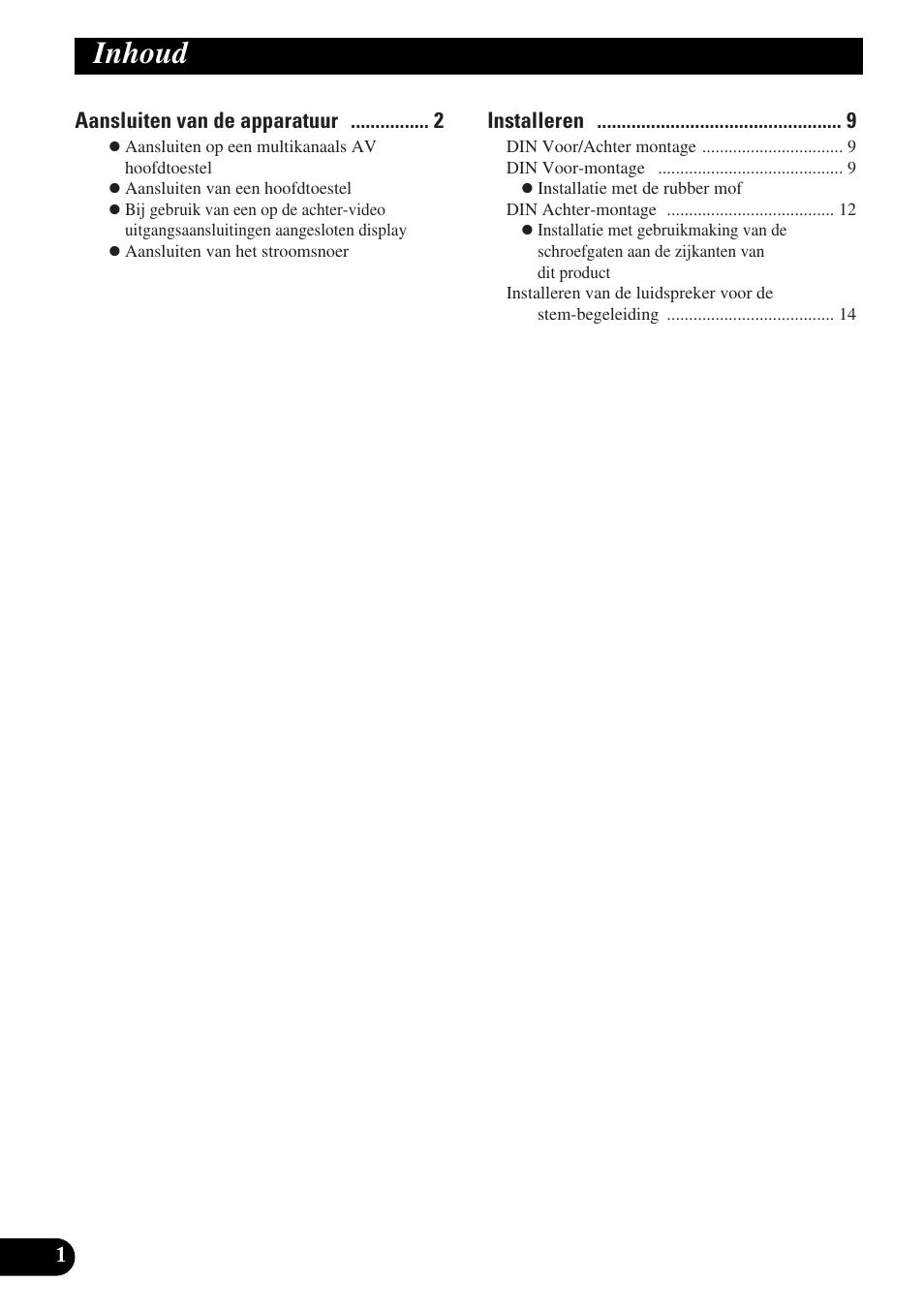 Inhoud, Aansluiten van de apparatuur, Installeren | Pioneer AVX-P7300DVD User Manual | Page 72 / 88