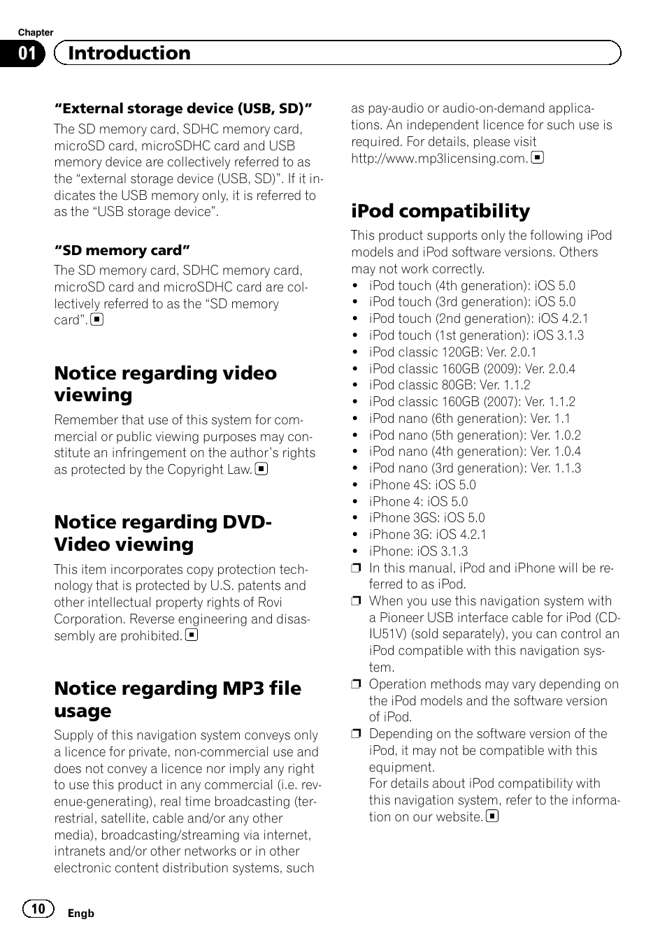 Notice regarding video viewing, Notice regarding dvd-video viewing, Notice regarding mp3 file usage | Ipod compatibility, Notice regarding dvd- video viewing, 01 introduction | Pioneer AVIC-F840BT User Manual | Page 10 / 220