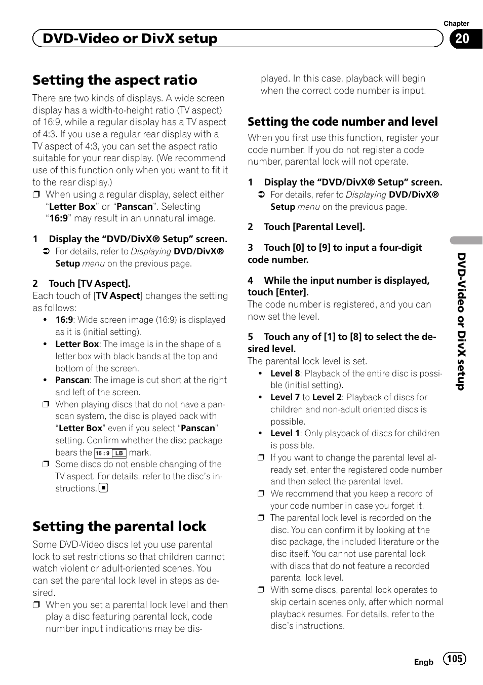 Setting the aspect ratio, Setting the parental lock, Setting the code number and | Level, Dvd-video or divx setup, Setting the code number and level | Pioneer AVIC-F840BT User Manual | Page 105 / 220