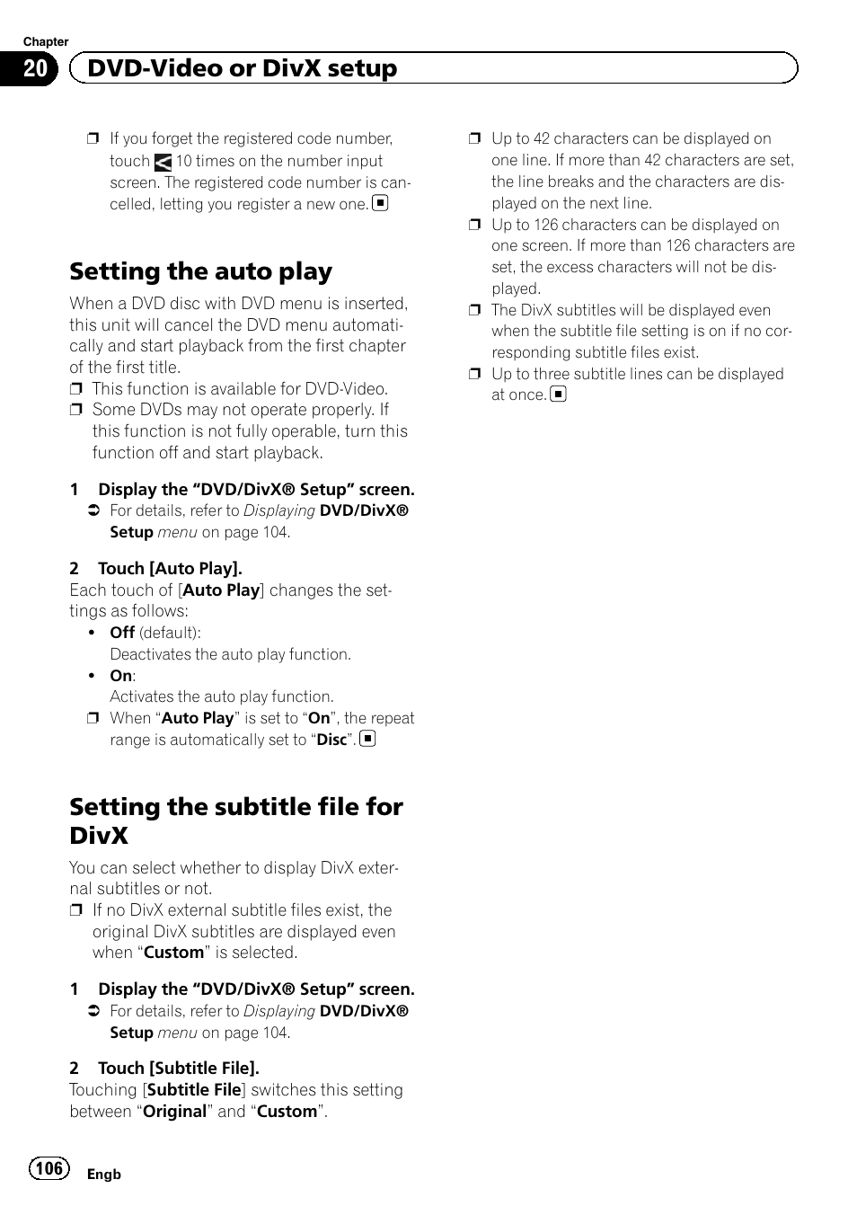 Setting the auto play, Setting the subtitle file for divx, 20 dvd-video or divx setup | Pioneer AVIC-F840BT User Manual | Page 106 / 220