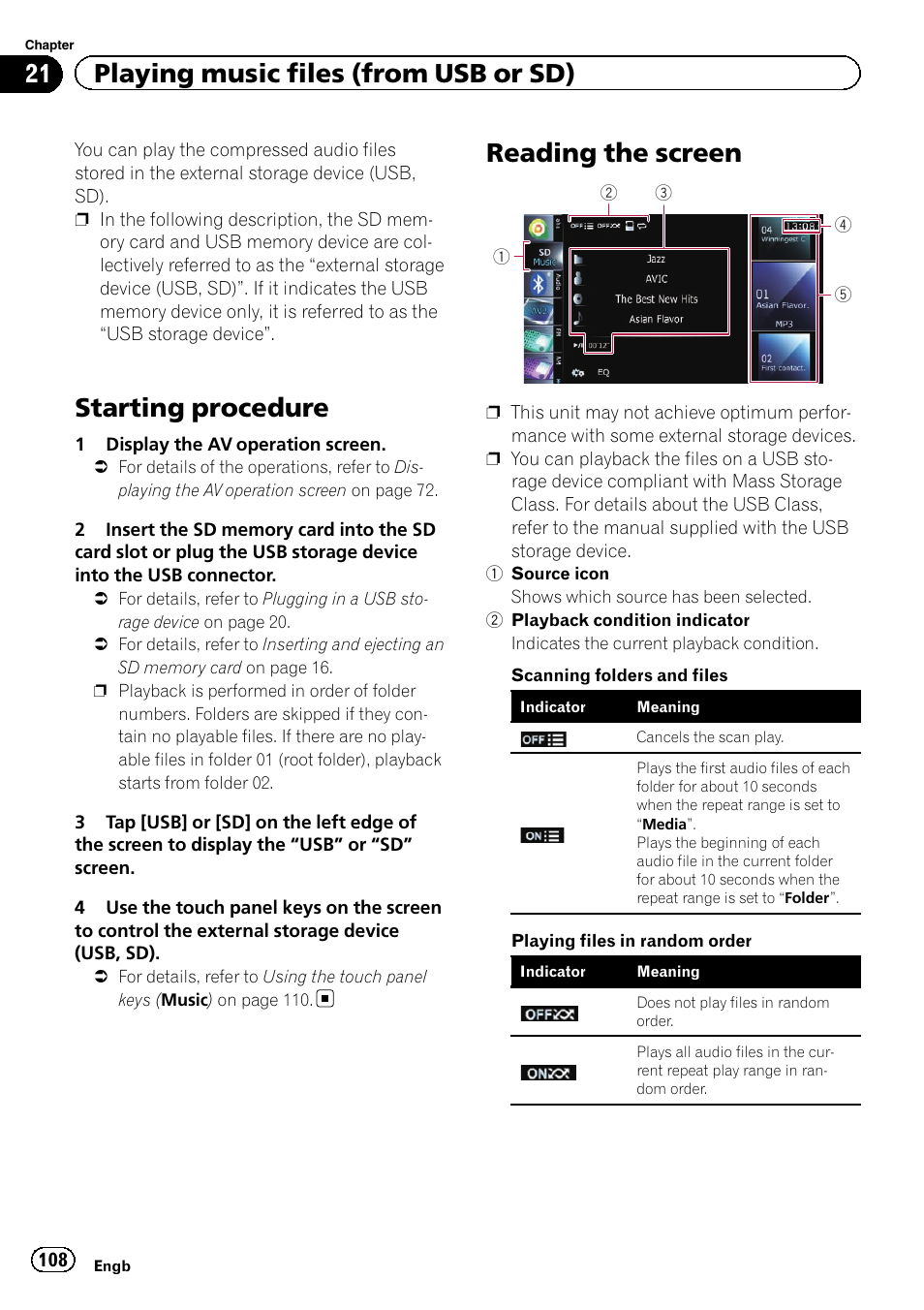 Reading the screen, Starting procedure, 21 playing music files (from usb or sd) | Pioneer AVIC-F840BT User Manual | Page 108 / 220