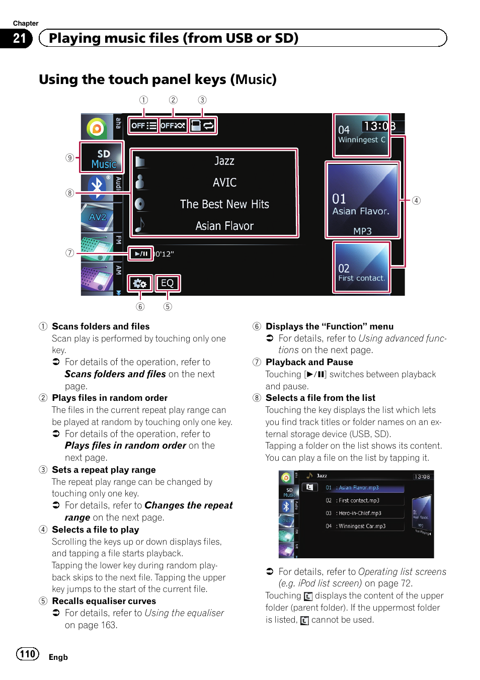 Using the touch panel keys (music), Using the touch panel, Keys | 21 playing music files (from usb or sd) | Pioneer AVIC-F840BT User Manual | Page 110 / 220