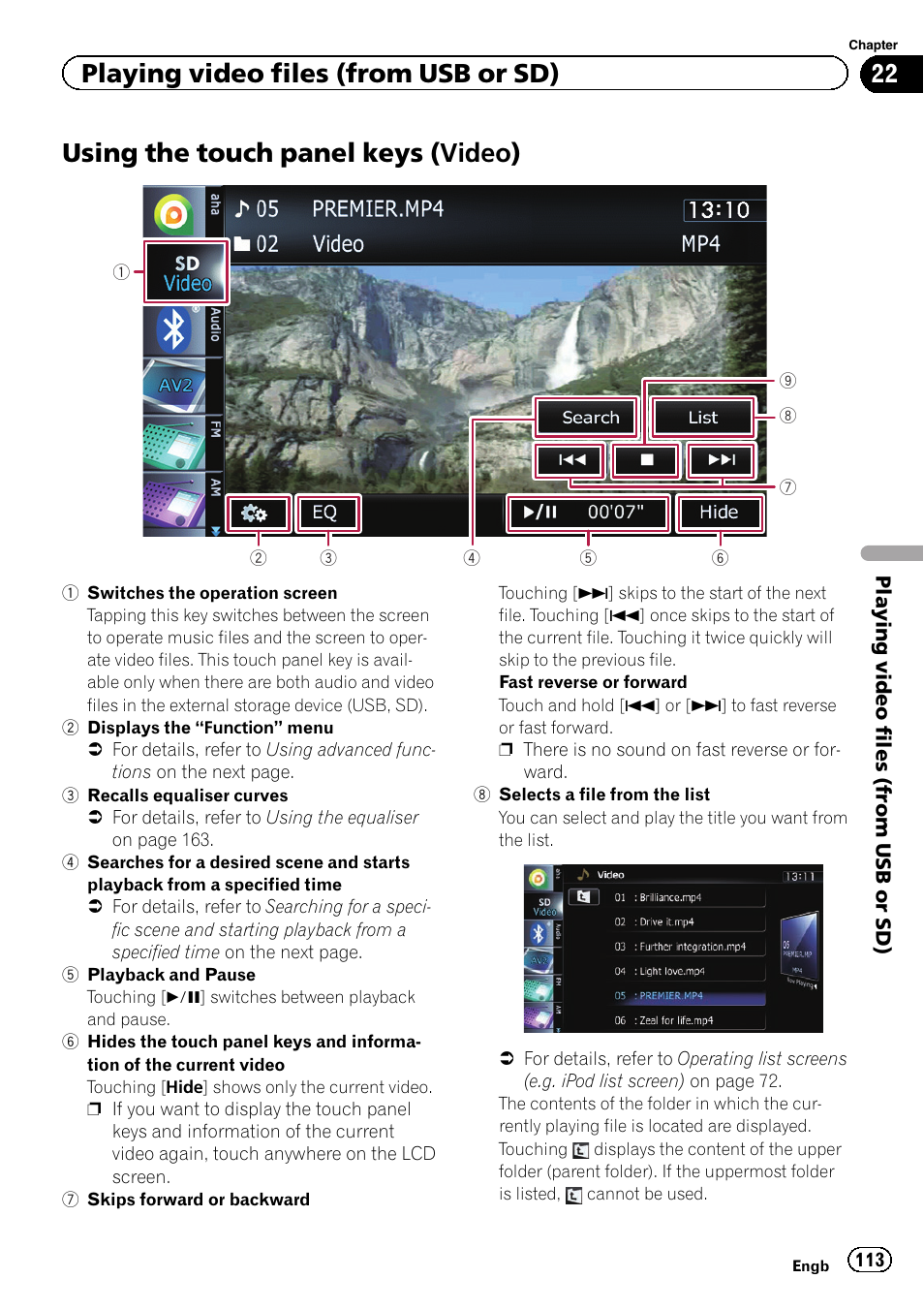 Using the touch panel keys (video), Using the touch panel, Keys | Playing video files (from usb or sd) | Pioneer AVIC-F840BT User Manual | Page 113 / 220