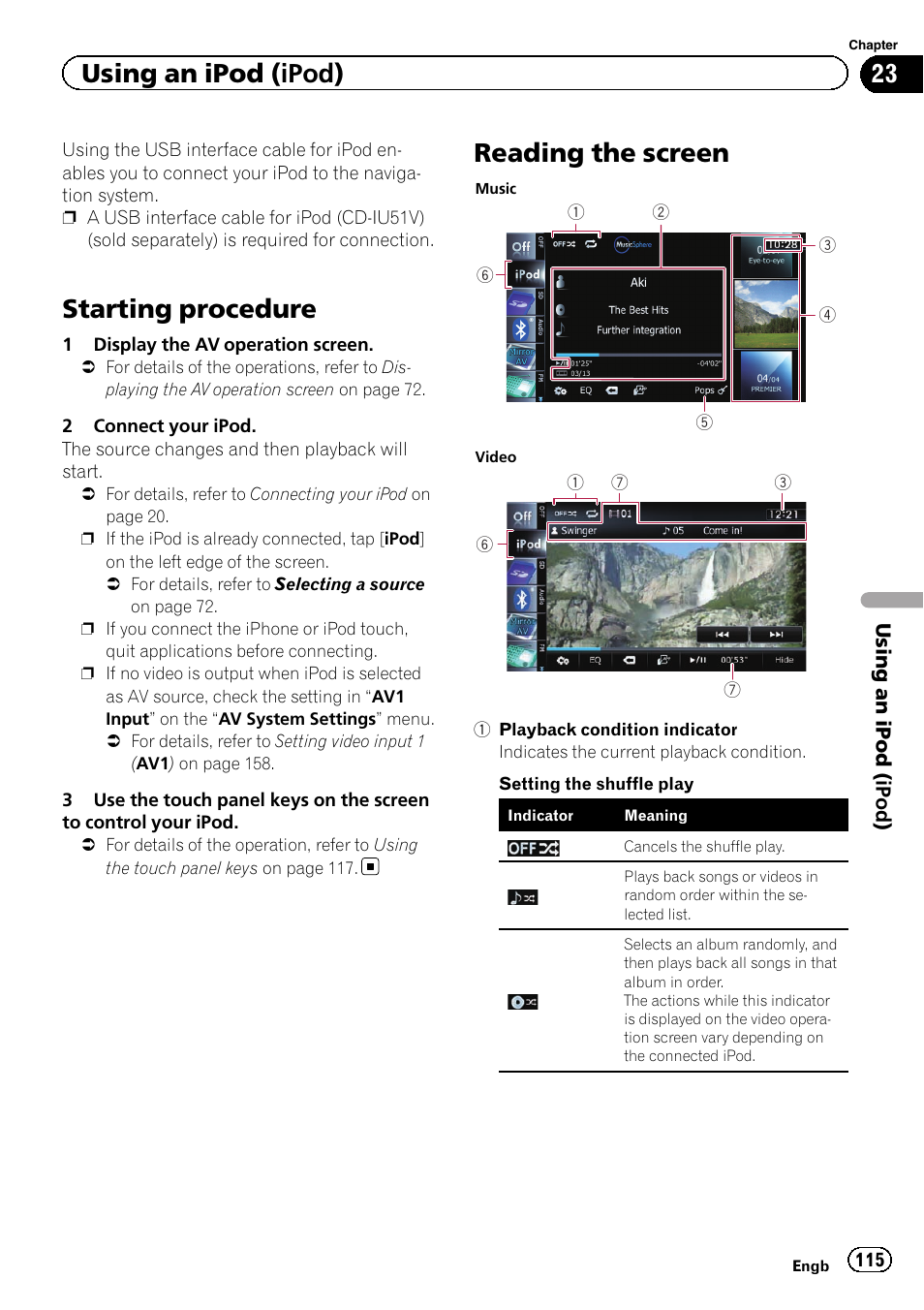 Using an ipod (ipod) starting procedure, Reading the screen, Starting procedure | Using an ipod (ipod) | Pioneer AVIC-F840BT User Manual | Page 115 / 220