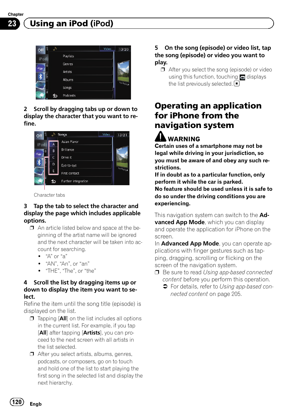 Operating an application for iphone from the, Navigation system, Operating an applica | 23 using an ipod (ipod) | Pioneer AVIC-F840BT User Manual | Page 120 / 220