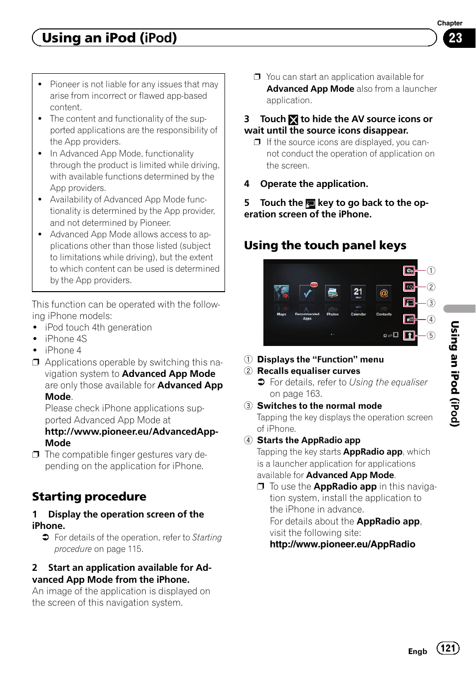 Starting procedure 121, Using the touch panel keys 121, Using an ipod (ipod) | Starting procedure, Using the touch panel keys | Pioneer AVIC-F840BT User Manual | Page 121 / 220