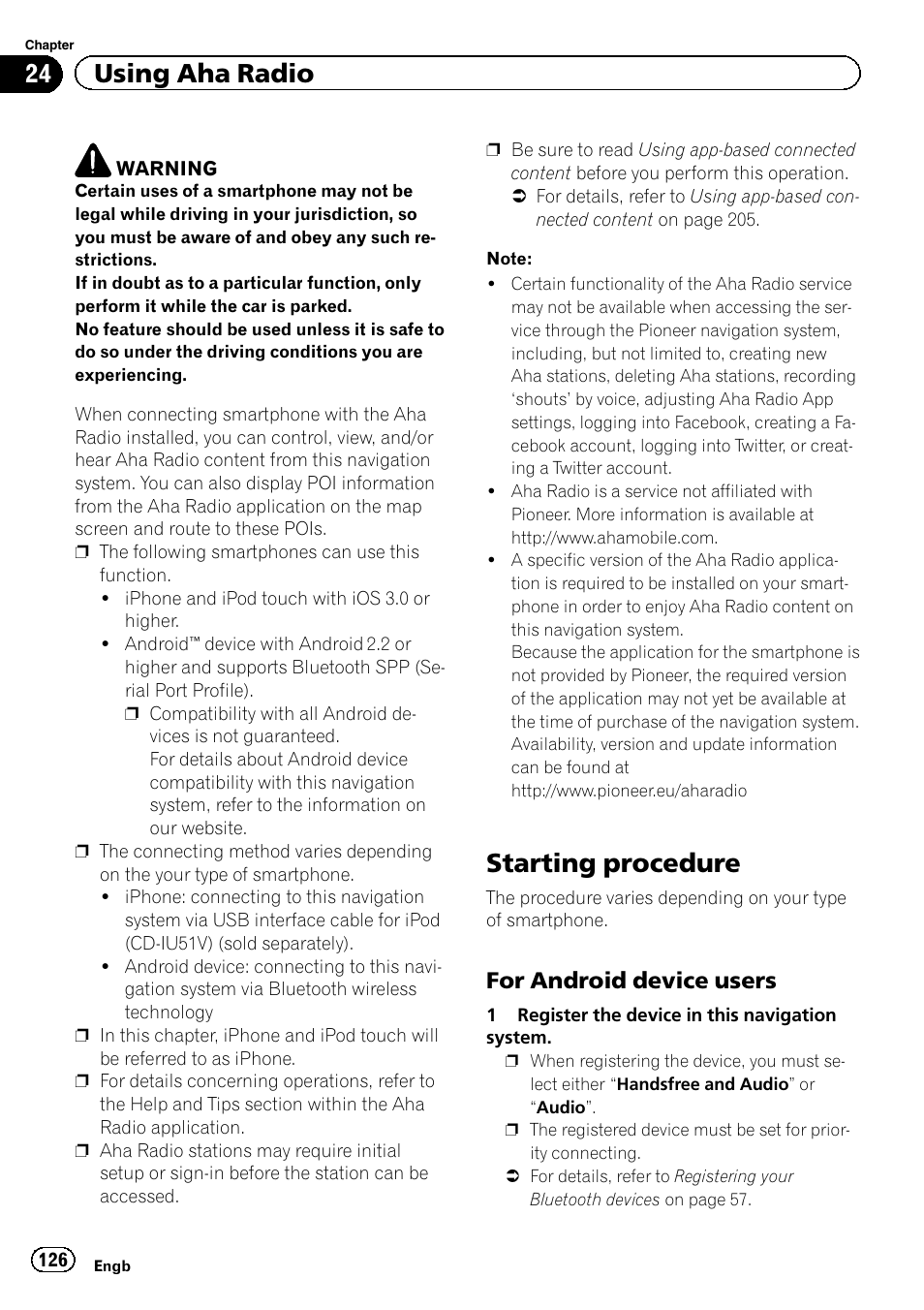 Using aha radio starting procedure, For android device users 126, Starting procedure | 24 using aha radio, For android device users | Pioneer AVIC-F840BT User Manual | Page 126 / 220