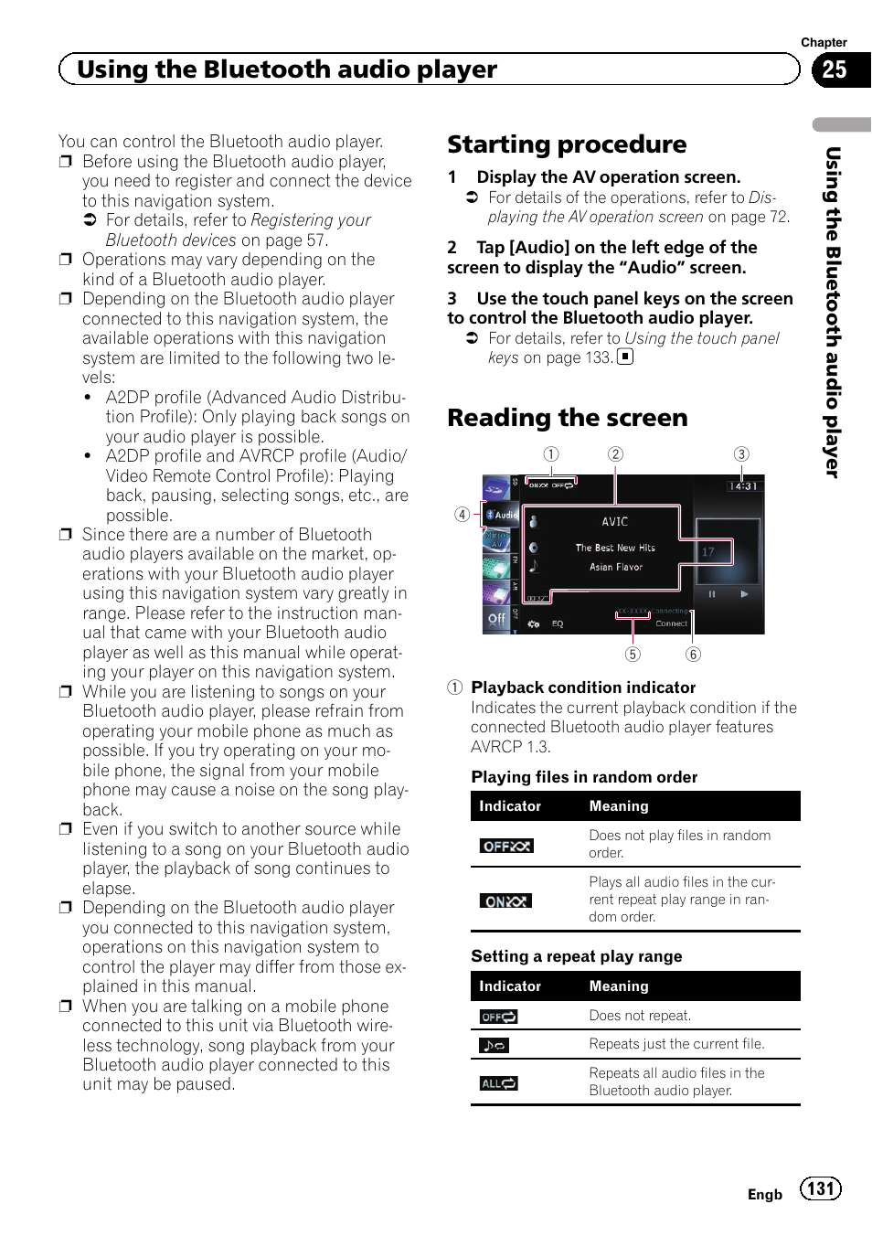 Reading the screen, Starting procedure, Using the bluetooth audio player | Pioneer AVIC-F840BT User Manual | Page 131 / 220