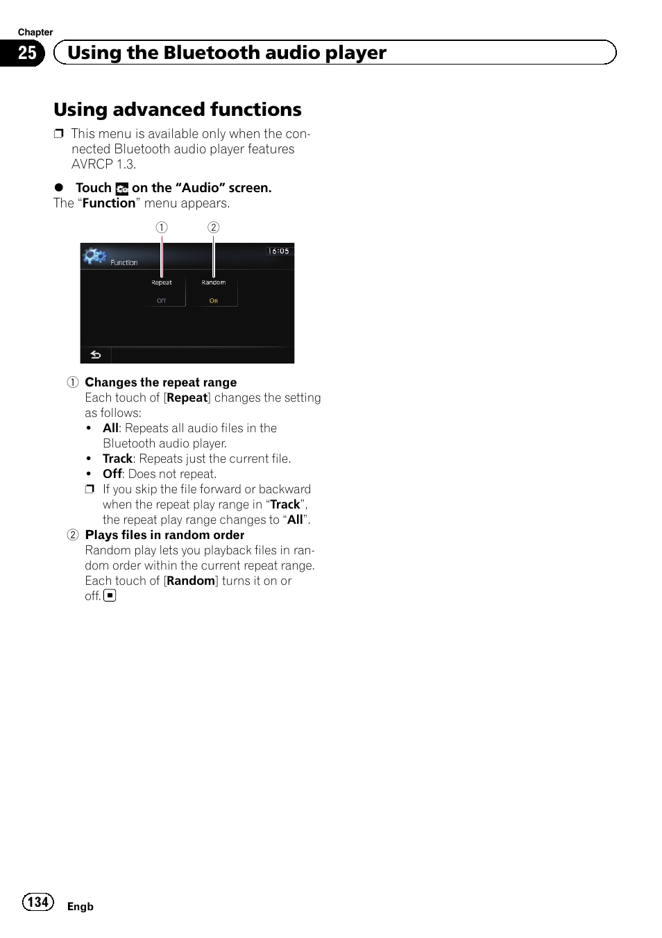 Using advanced functions, Plays files in ran, Changes the repeat | Using advanced func, 25 using the bluetooth audio player | Pioneer AVIC-F840BT User Manual | Page 134 / 220