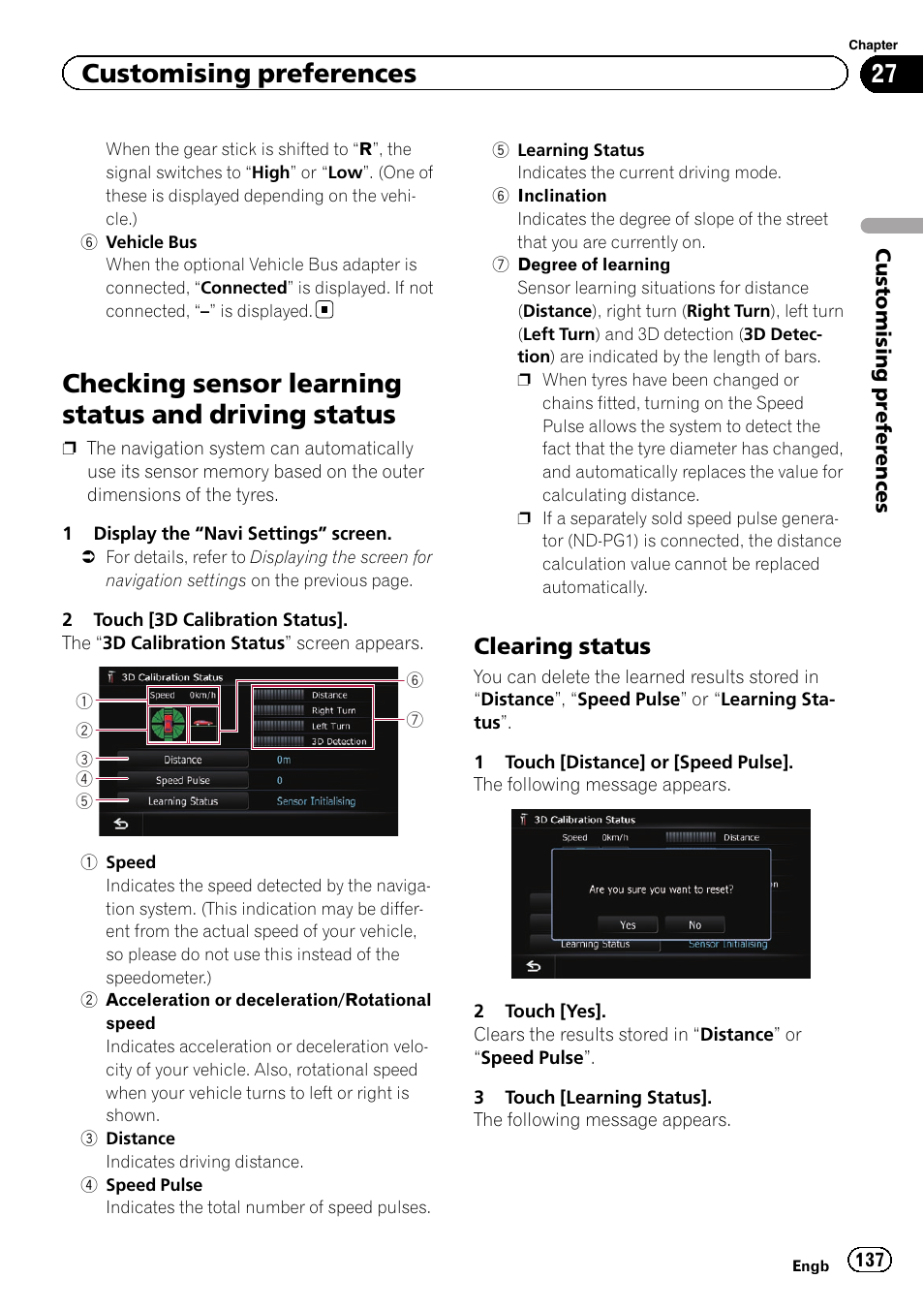 Checking sensor learning status and driving, Status, Clearing status 137 | Checking sensor learning status and driving status, Customising preferences, Clearing status | Pioneer AVIC-F840BT User Manual | Page 137 / 220