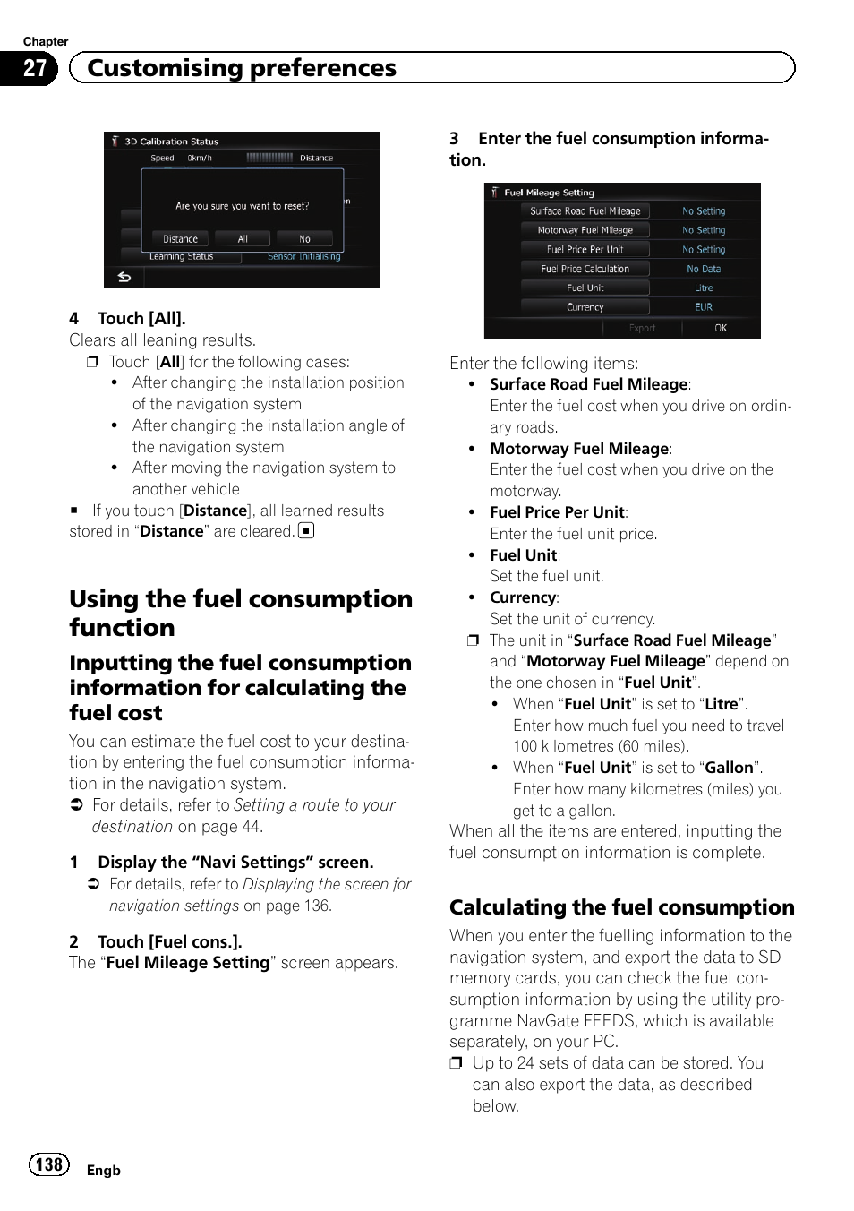 Using the fuel consumption function, Inputting the fuel consumption, Information for calculating the fuel cost | Calculating the fuel consumption 138, Inputting the fuel, 27 customising preferences, Calculating the fuel consumption | Pioneer AVIC-F840BT User Manual | Page 138 / 220