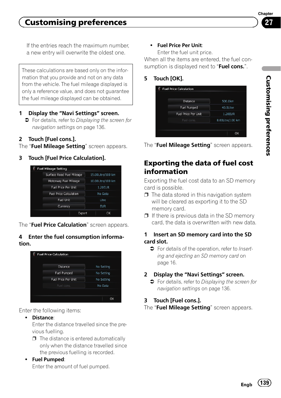 Exporting the data of fuel cost, Information, Customising preferences | Exporting the data of fuel cost information | Pioneer AVIC-F840BT User Manual | Page 139 / 220