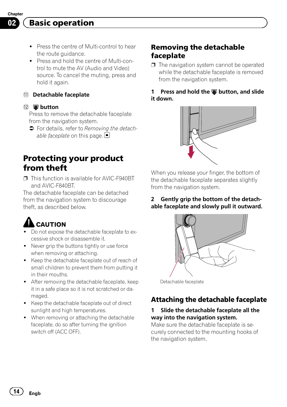 Protecting your product from theft, Removing the detachable, Faceplate | Attaching the detachable faceplate 14, 02 basic operation, Removing the detachable faceplate, Attaching the detachable faceplate | Pioneer AVIC-F840BT User Manual | Page 14 / 220