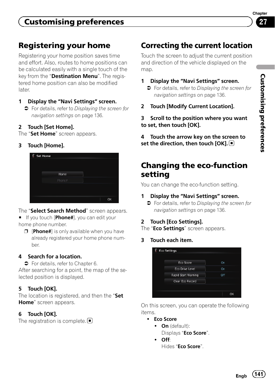 Registering your home, Correcting the current location, Changing the eco-function setting | Changing the eco-func, Chan, Registering your, Customising preferences | Pioneer AVIC-F840BT User Manual | Page 141 / 220