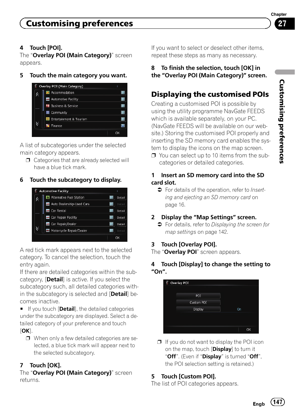 Displaying the customised pois 147, Customising preferences, Displaying the customised pois | Pioneer AVIC-F840BT User Manual | Page 147 / 220