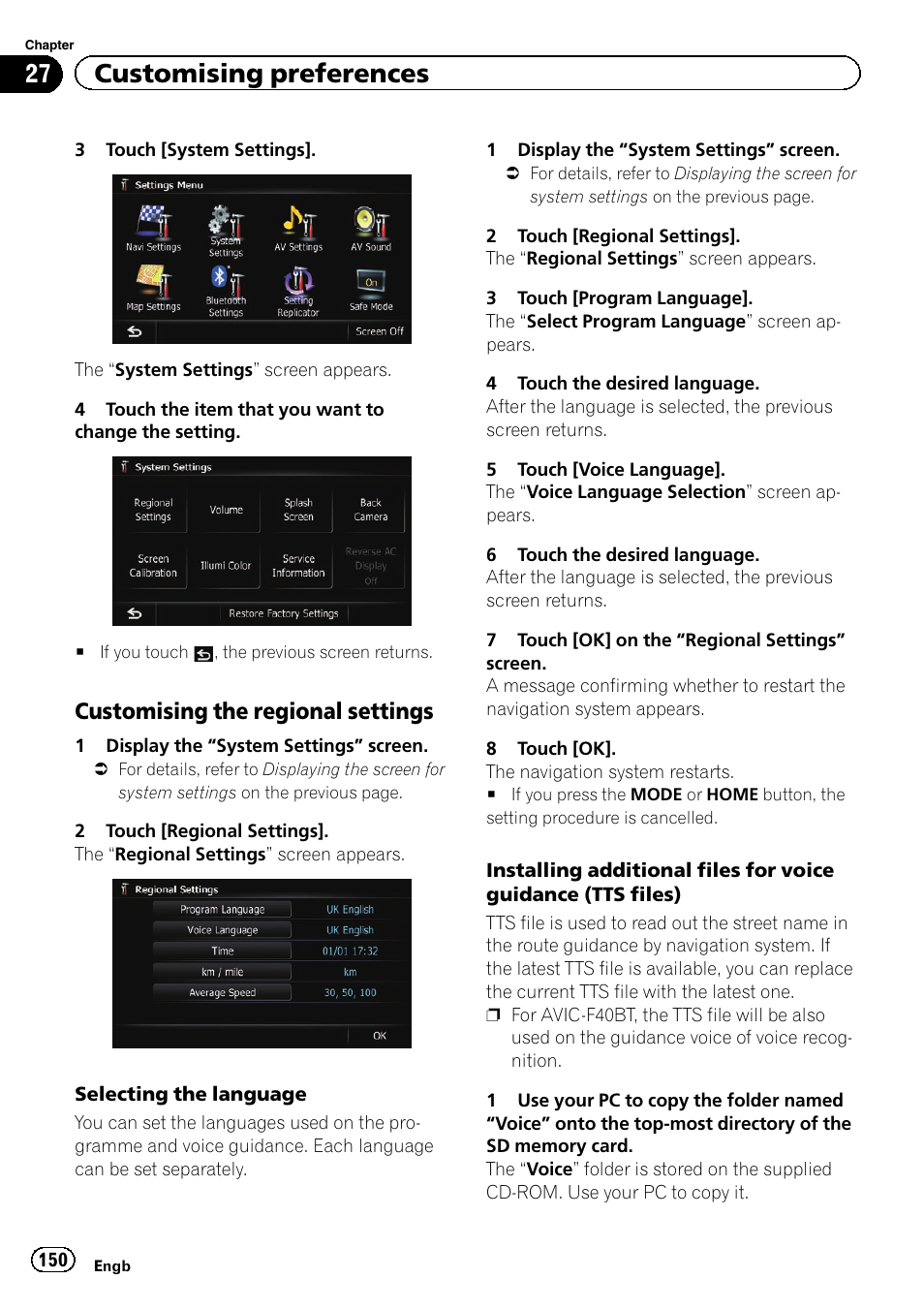 Customising the regional settings 150, 27 customising preferences, Customising the regional settings | Pioneer AVIC-F840BT User Manual | Page 150 / 220