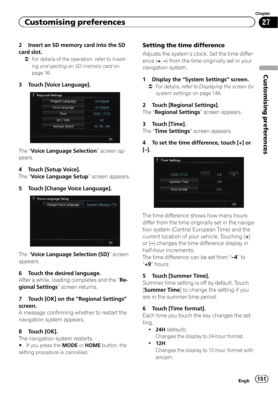 Setting the time difference, Customising preferences | Pioneer AVIC-F840BT User Manual | Page 151 / 220