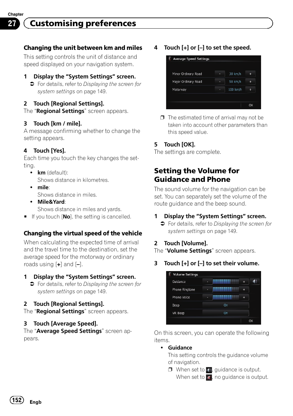 Setting the volume for guidance and, Phone, Setting the volume for | Setting the volume, 27 customising preferences, Setting the volume for guidance and phone | Pioneer AVIC-F840BT User Manual | Page 152 / 220
