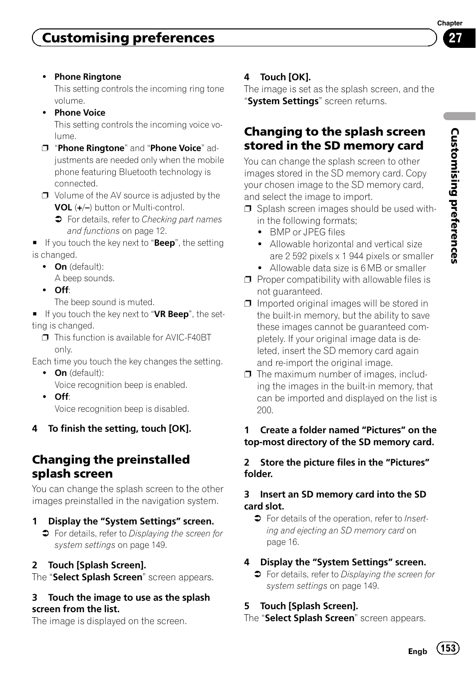 Changing the preinstalled splash, Screen, Changing to the splash screen stored | In the sd memory card, Customising preferences, Changing the preinstalled splash screen | Pioneer AVIC-F840BT User Manual | Page 153 / 220