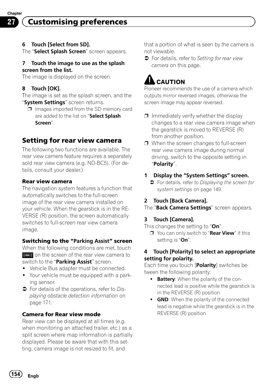 Setting for rear view camera 154, Setting for rear view, 27 customising preferences | Setting for rear view camera | Pioneer AVIC-F840BT User Manual | Page 154 / 220