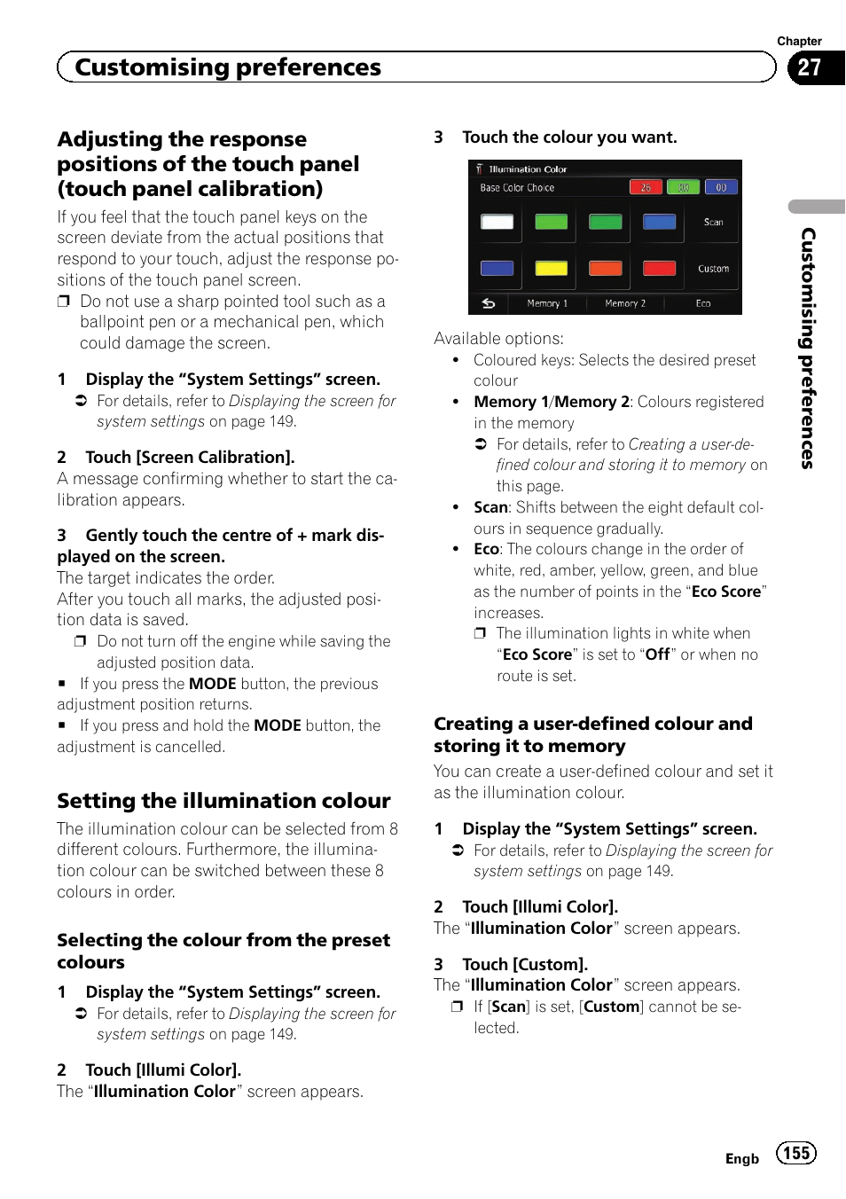 Adjusting the response positions of the, Touch panel (touch panel calibration), Setting the illumination colour 155 | Customising preferences, Setting the illumination colour | Pioneer AVIC-F840BT User Manual | Page 155 / 220