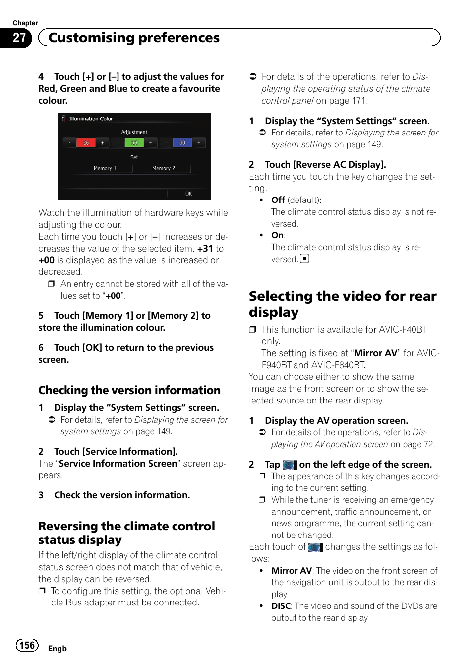 Checking the version information 156, Reversing the climate control status, Display | Selecting the video for rear display, 27 customising preferences, Checking the version information, Reversing the climate control status display | Pioneer AVIC-F840BT User Manual | Page 156 / 220