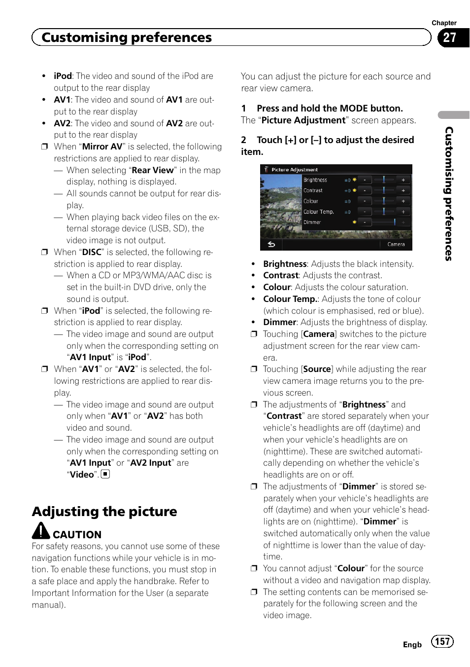 Adjusting the picture, Adjusting the pic, Customising preferences | Pioneer AVIC-F840BT User Manual | Page 157 / 220