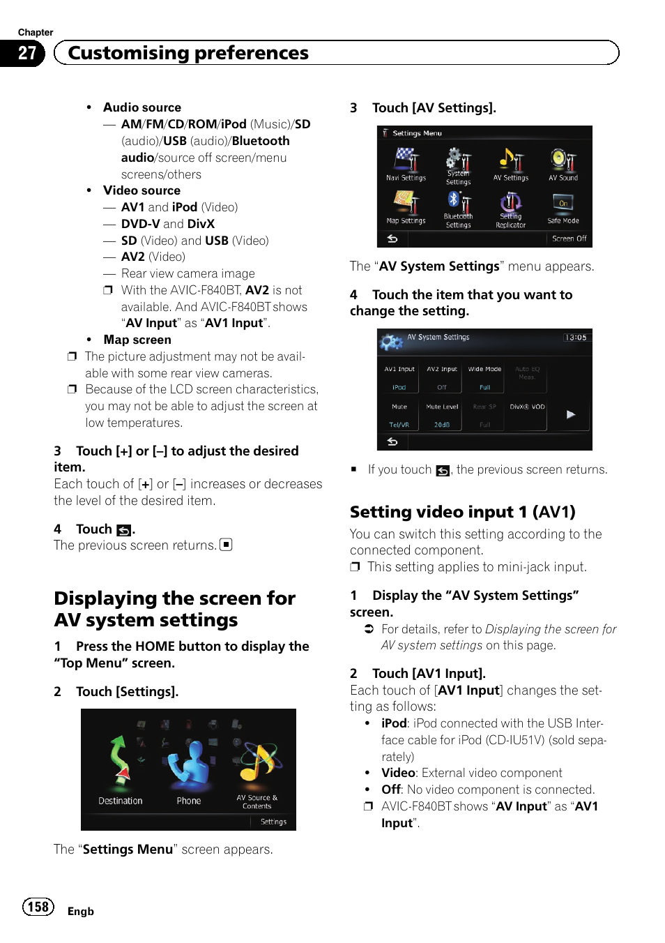 Displaying the screen for av system, Settings, Setting video input 1 (av1) 158 | Setting video input 1, Displaying the screen for, Displaying the screen for av system settings, 27 customising preferences, Setting video input 1 (av1) | Pioneer AVIC-F840BT User Manual | Page 158 / 220