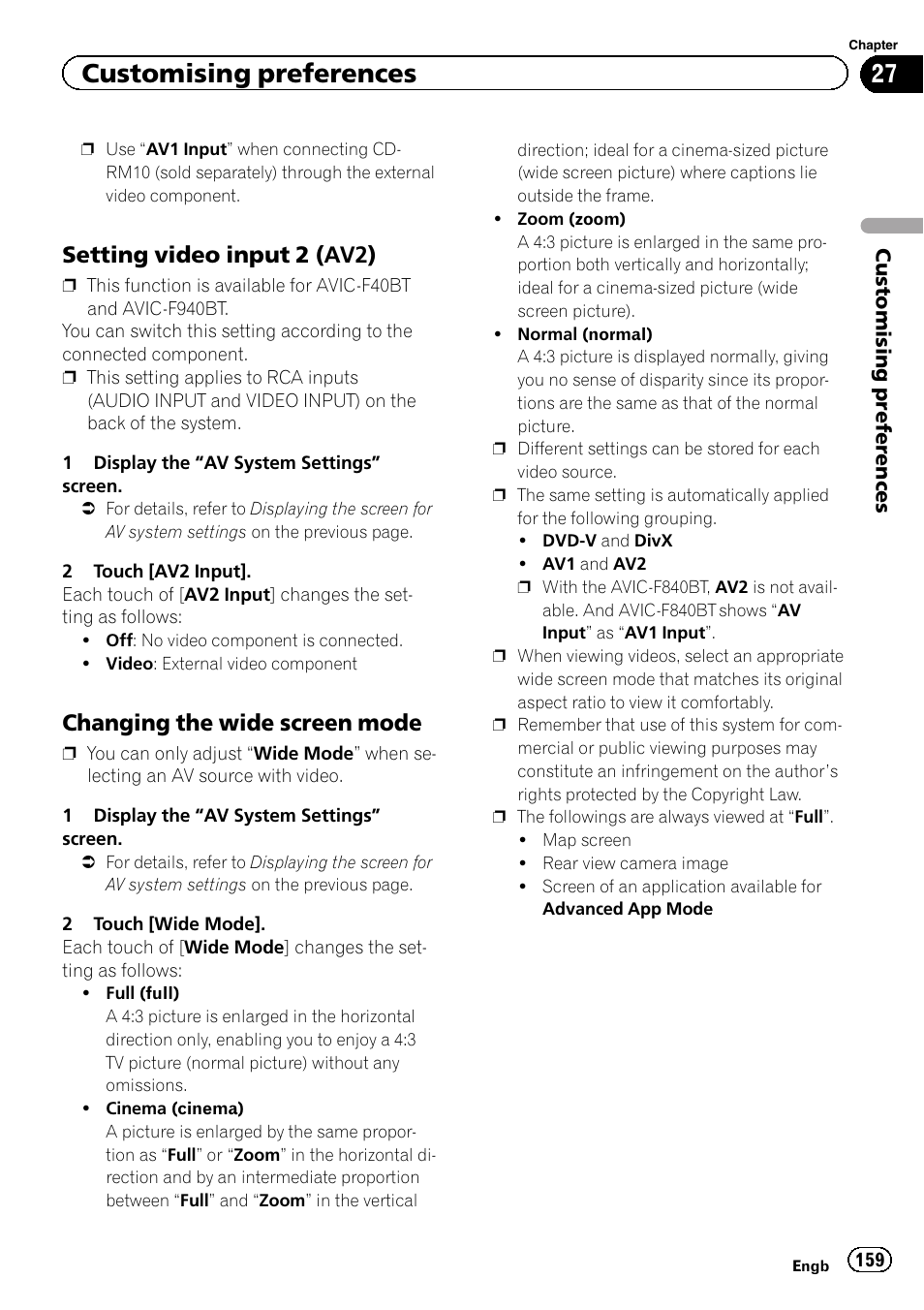 Setting video input 2 (av2) 159, Changing the wide screen mode 159, Setting video input 2 | Customising preferences, Setting video input 2 (av2), Changing the wide screen mode | Pioneer AVIC-F840BT User Manual | Page 159 / 220