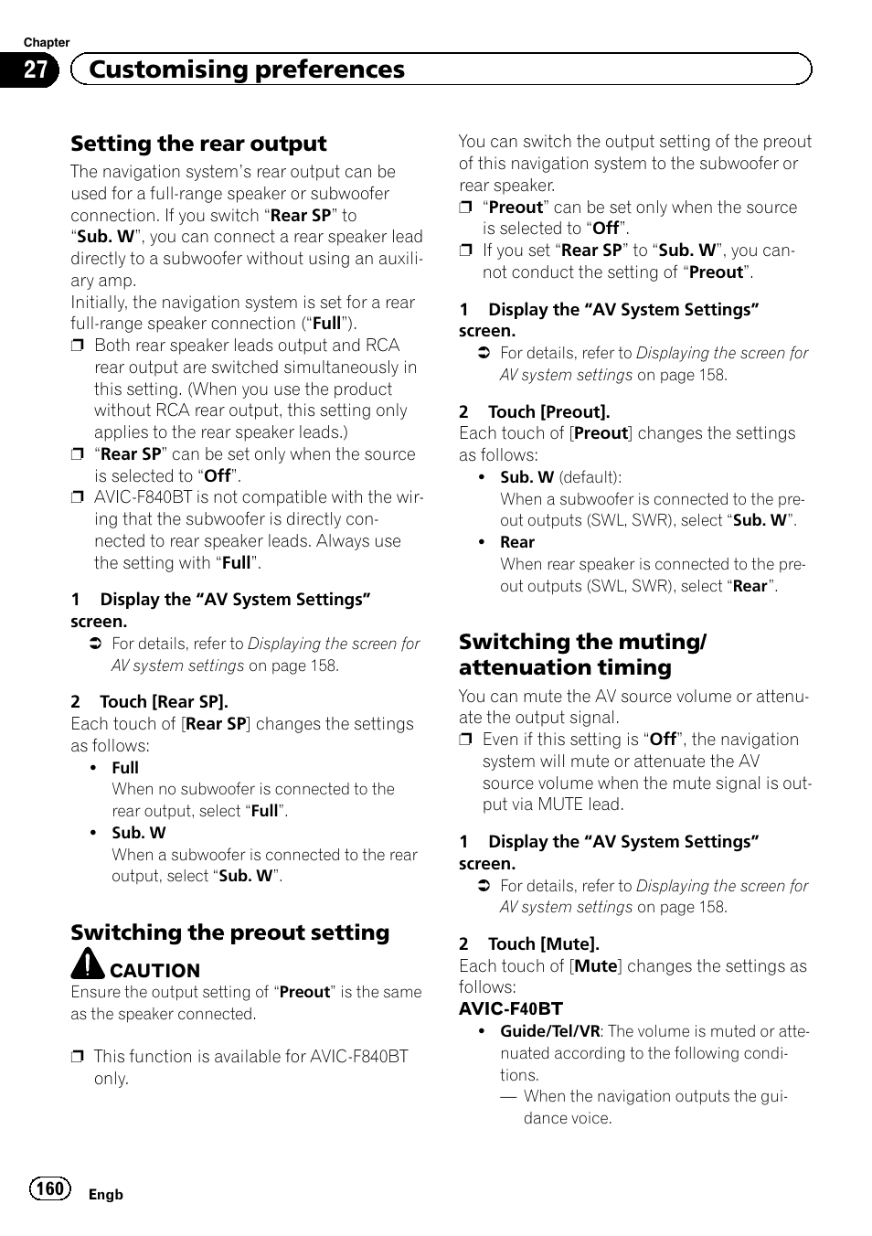 Setting the rear output 160, Switching the preout setting 160, Switching the muting/attenuation | Timing, 27 customising preferences, Setting the rear output, Switching the preout setting, Switching the muting/ attenuation timing | Pioneer AVIC-F840BT User Manual | Page 160 / 220