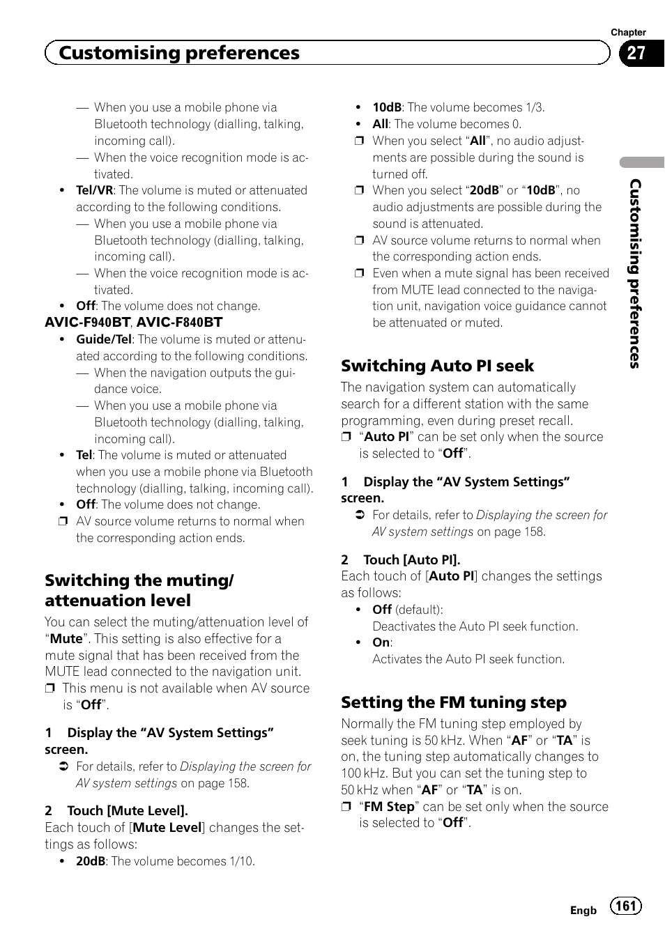 Switching the muting/attenuation, Level, Switching auto pi seek 161 | Setting the fm tuning step 161, Switching auto pi seek, Customising preferences, Switching the muting/ attenuation level, Setting the fm tuning step | Pioneer AVIC-F840BT User Manual | Page 161 / 220