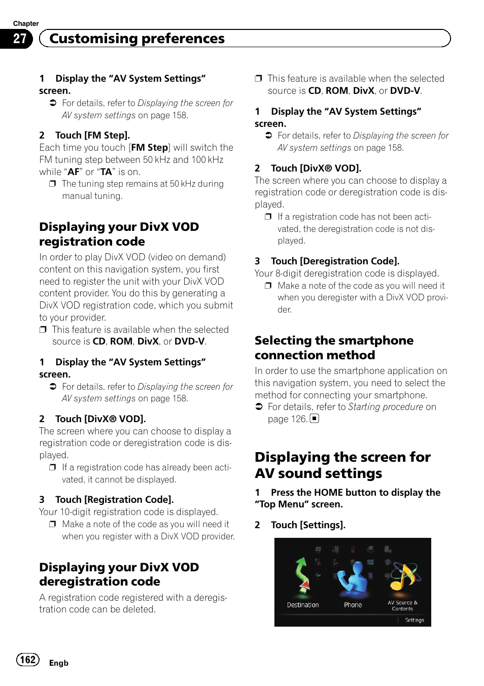 Displaying your divx vod registration, Code, Displaying your divx vod | Deregistration code, Selecting the smartphone connection, Method, Displaying the screen for av sound, Settings, Displaying the screen for av sound settings, 27 customising preferences | Pioneer AVIC-F840BT User Manual | Page 162 / 220