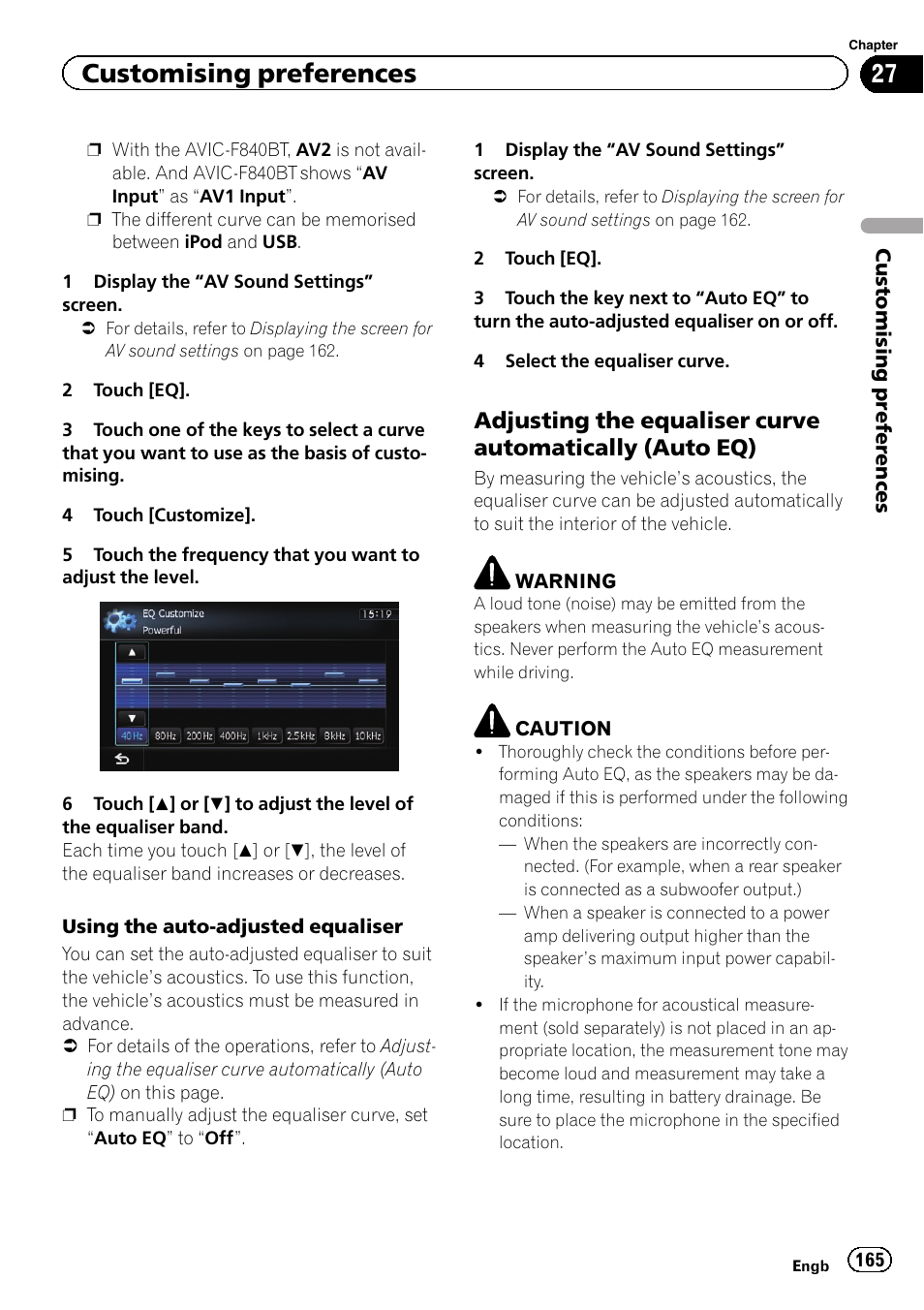 Adjusting the equaliser curve, Automatically (auto eq), Using the auto-ad | Adjust, Customising preferences | Pioneer AVIC-F840BT User Manual | Page 165 / 220