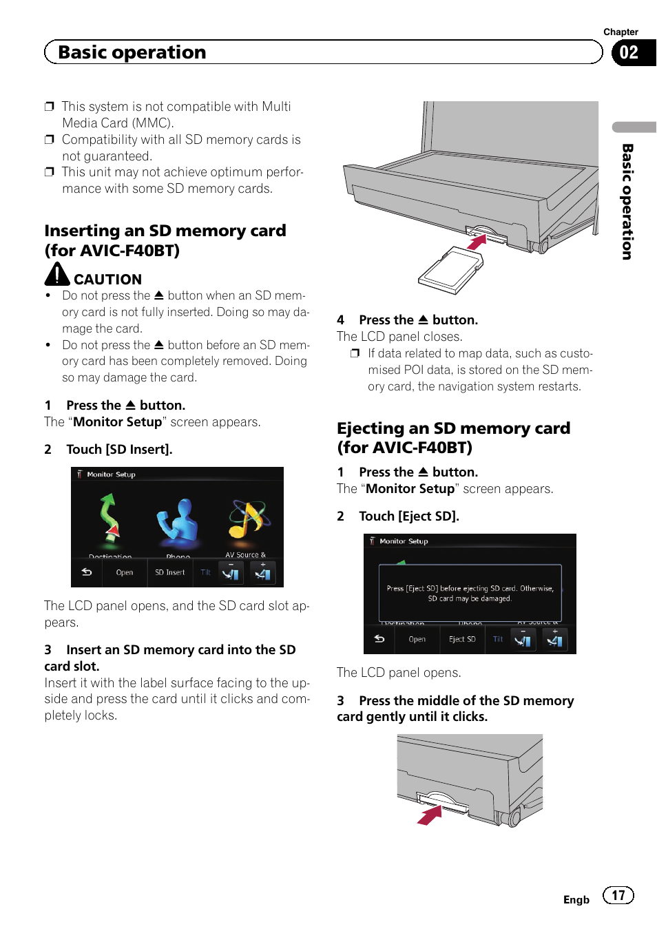 Inserting an sd memory card (for avic, F40bt), Ejecting an sd memory card (for avic | Basic operation | Pioneer AVIC-F840BT User Manual | Page 17 / 220