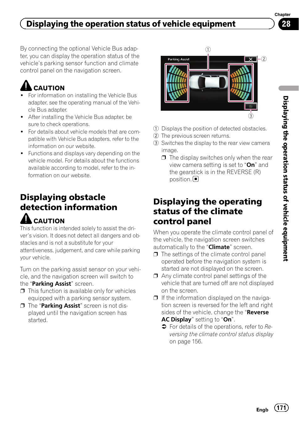 Information, Displaying the operating status of the climate, Control panel | Displaying obstacle detection information | Pioneer AVIC-F840BT User Manual | Page 171 / 220
